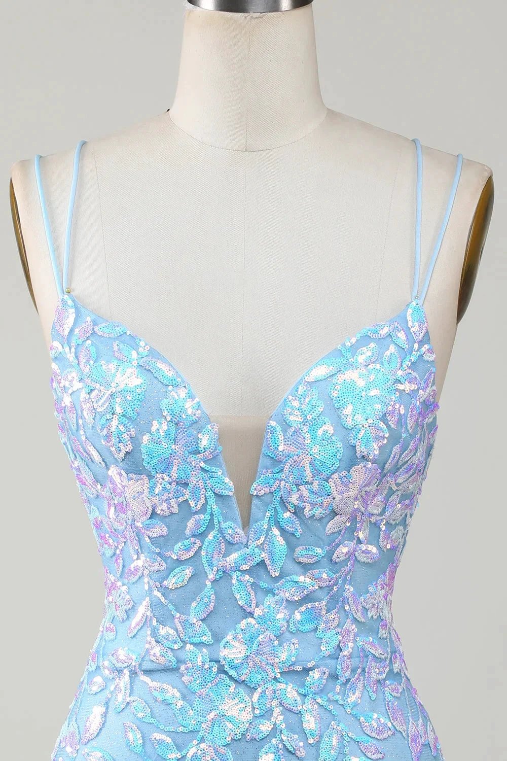 Blue Sheath Spaghetti Straps Short Homecoming Dress With Aqqliques (ZD11547)