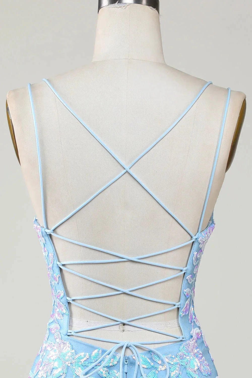 Blue Sheath Spaghetti Straps Short Homecoming Dress With Aqqliques (ZD11547)