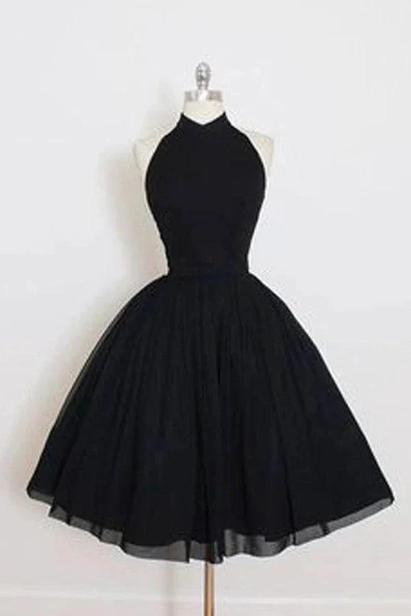 Black Halter A Line Sleeveless Tulle Ball Gown Mid Homecoming Dresses by Ombreprom
