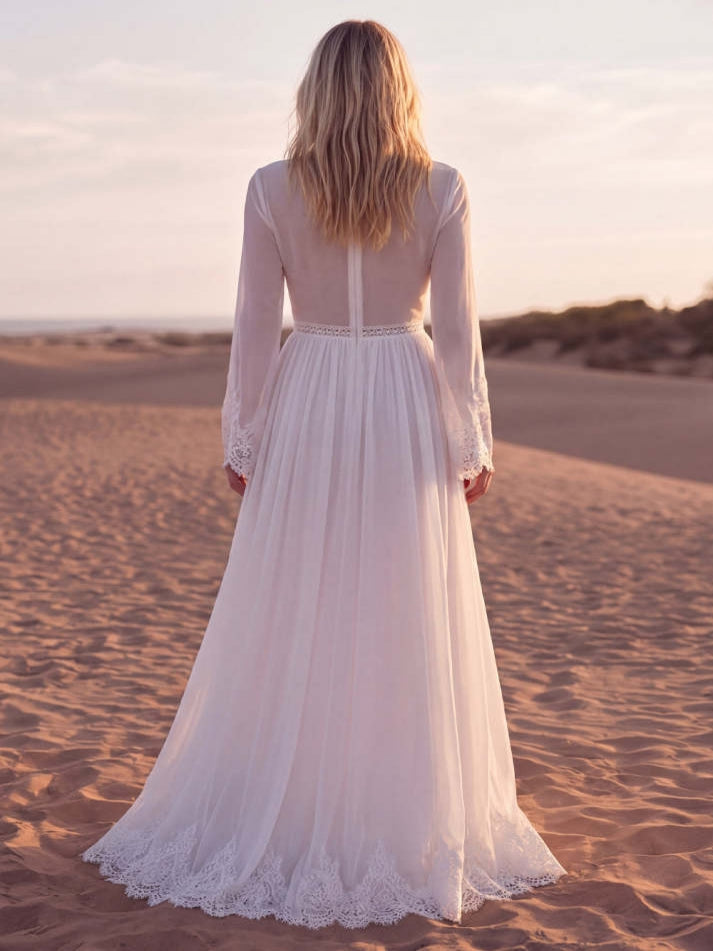 Floral A Line White Long Western Wedding Dress with Lace