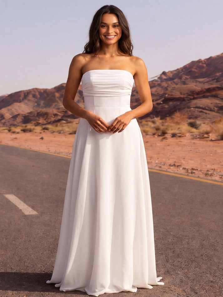 White Strapless A Line Long Wedding Dress