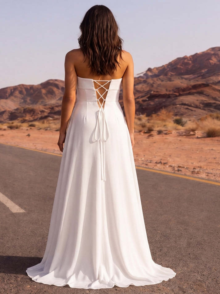 White Strapless A Line Long Wedding Dress