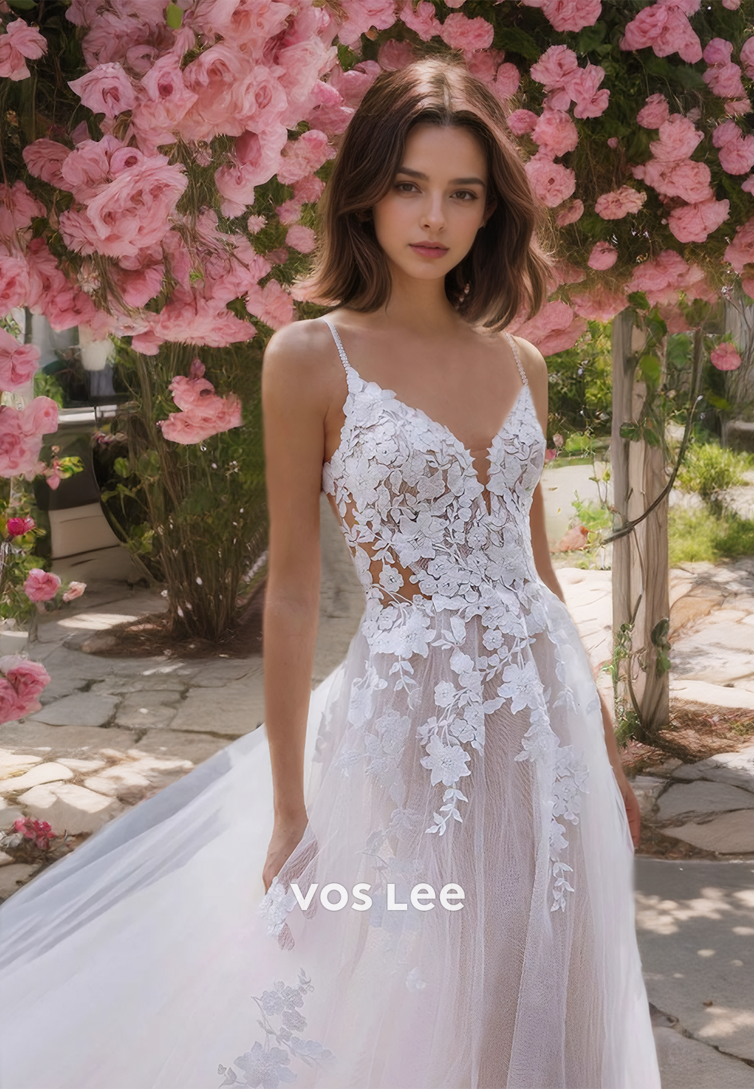 V Neck Spaghetti Straps Appliqued Bridal Dresses Tulle A-Line Zipper Back Boho Wedding Dress