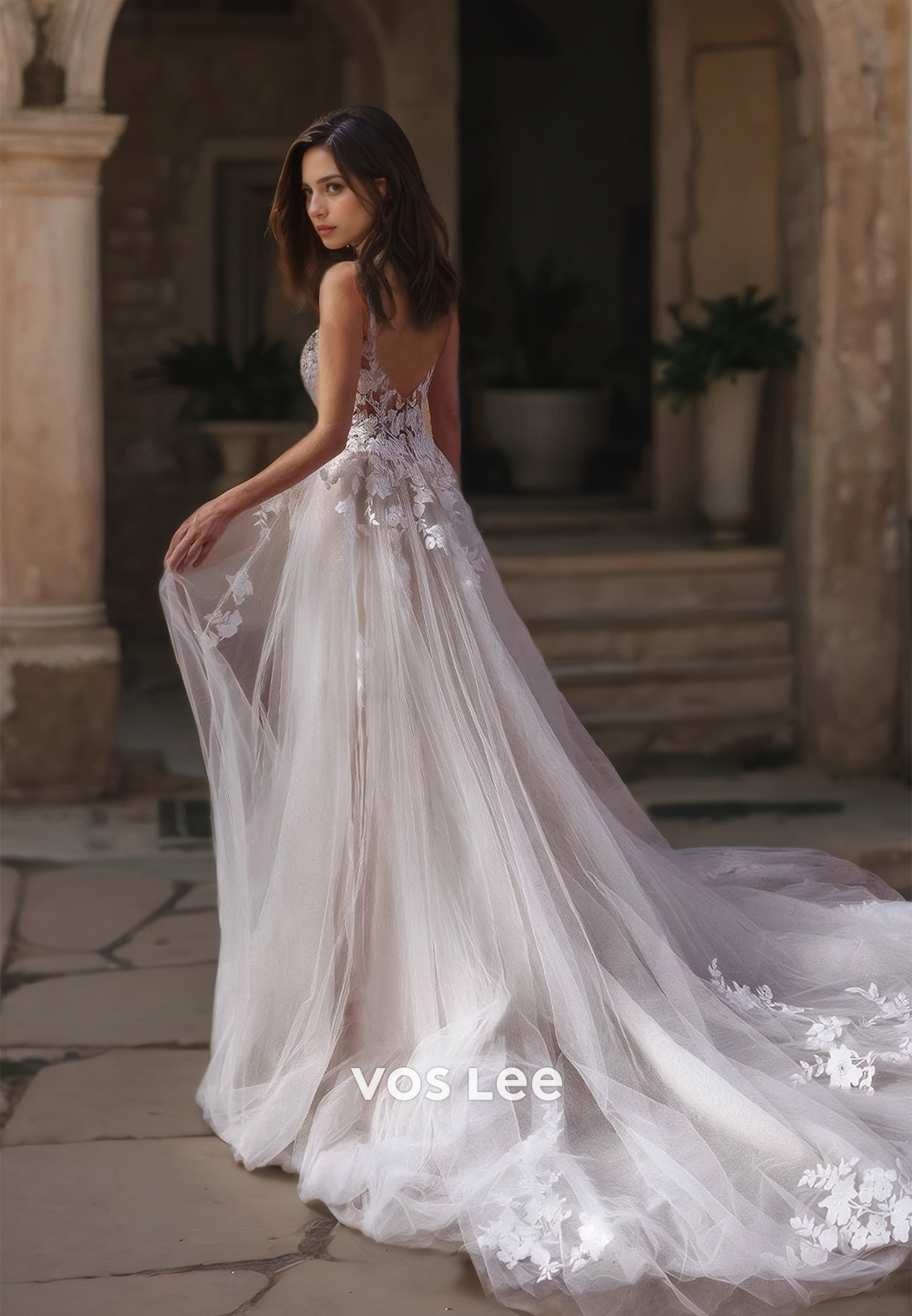 V Neck Spaghetti Straps Appliqued Bridal Dresses Tulle A-Line Zipper Back Boho Wedding Dress