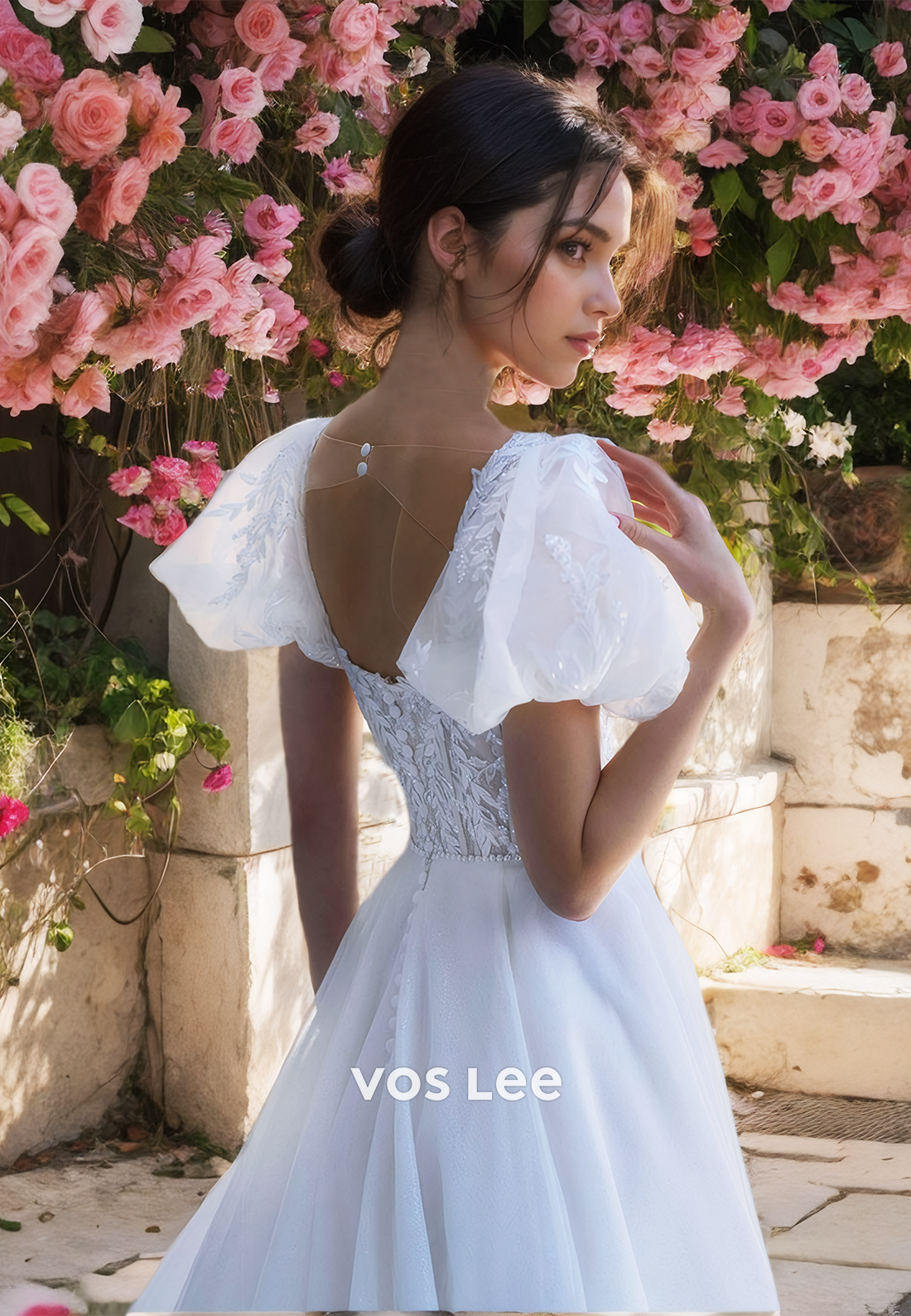 Square Neck A-Line Puff Sleeves Sweep Train Lace Beach Wedding Dress with Appliques Boho Dress