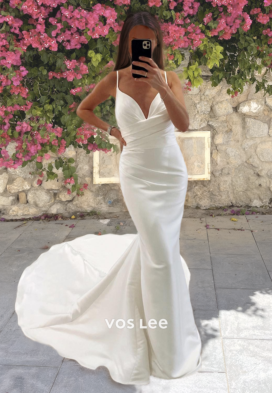 Low V-Neck Sheath Spaghetti Straps Ruched Brush Train Satin Wedding Dress with Pleats Bridal Gowns