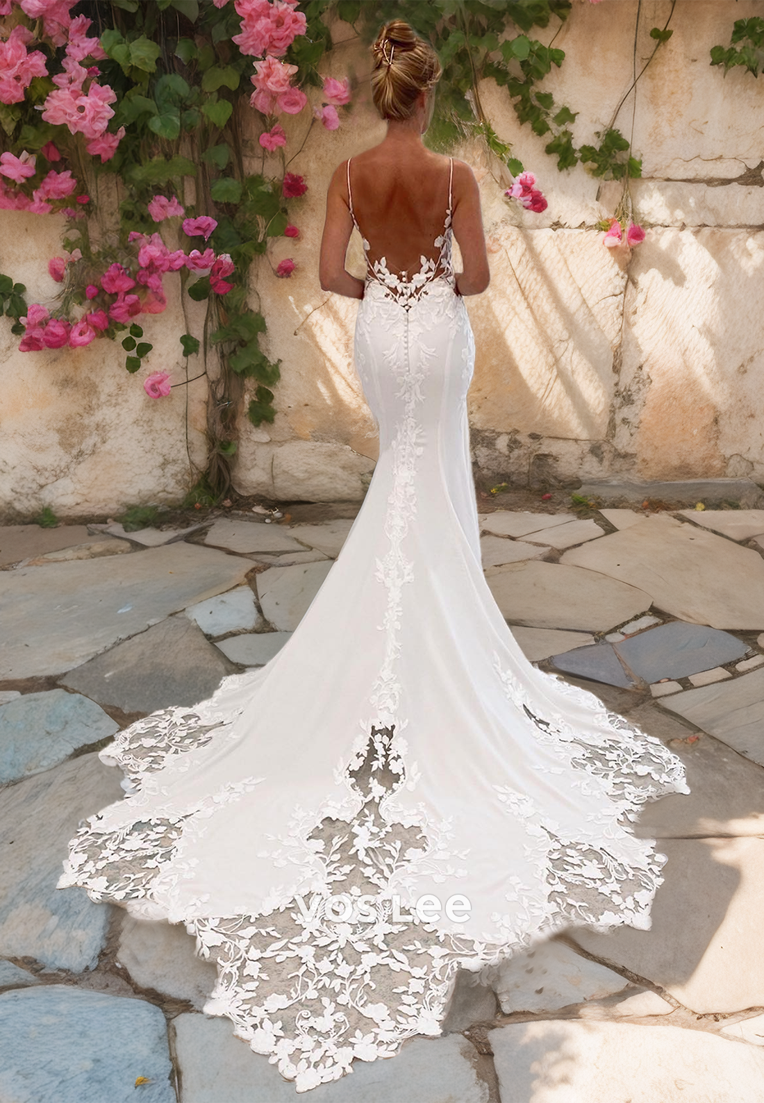 Spaghetti Straps Mermaid Wedding Dress Sleeveless Appliques Satin Bridal Gowns with Court Train