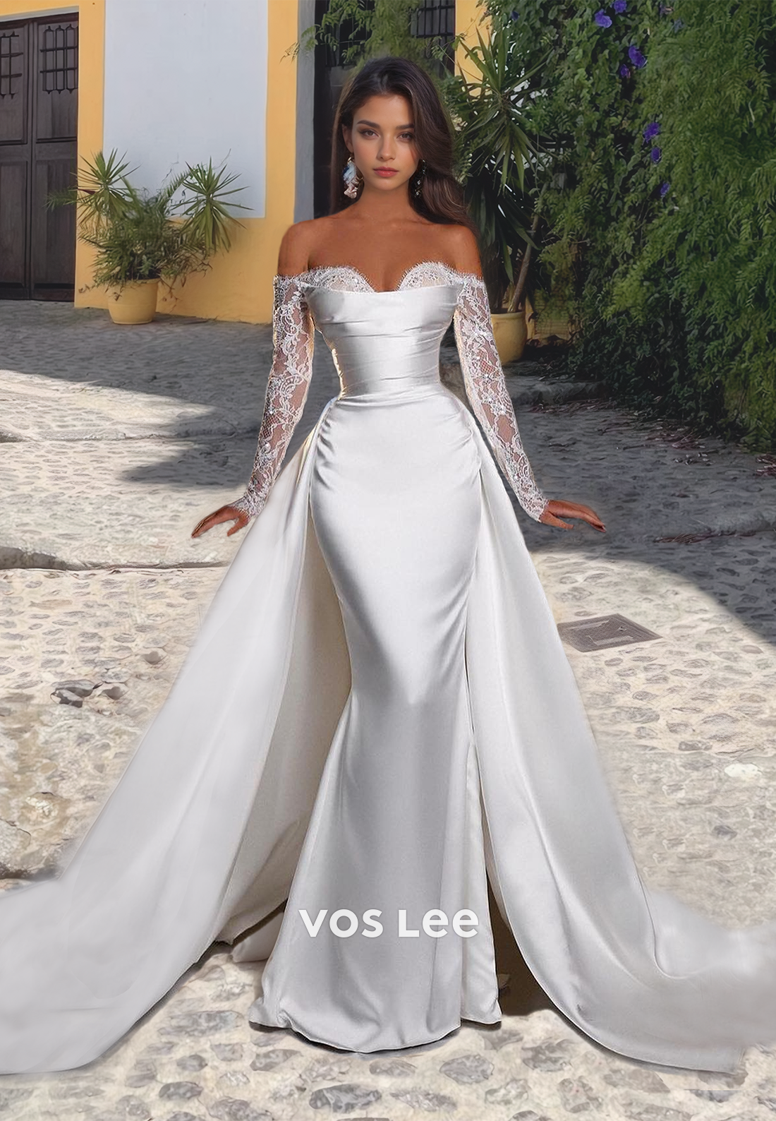 Sweetheart Sheath Long Sleeves Ruched Satin Wedding Dress with Overskirt Bridal Dress
