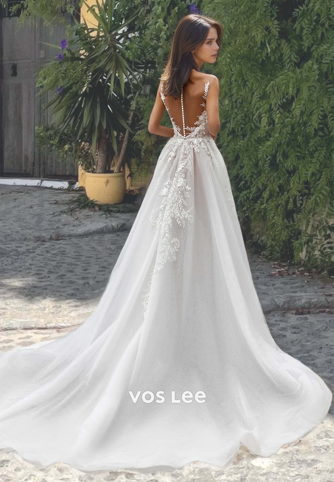 A-Line Sweetheart Beach Wedding Dress Spaghetti Straps High Slit Train Lace Boho Gowns with Appliques
