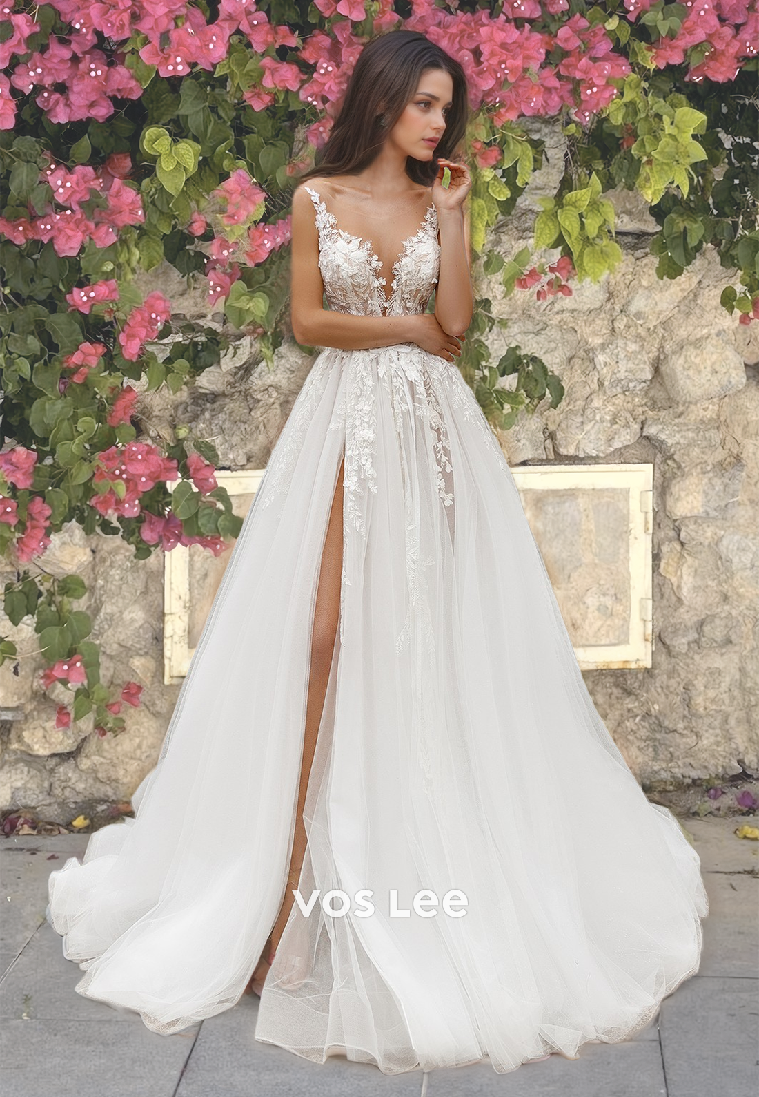 A-Line Sweetheart Beach Wedding Dress Spaghetti Straps High Slit Train Lace Boho Gowns with Appliques