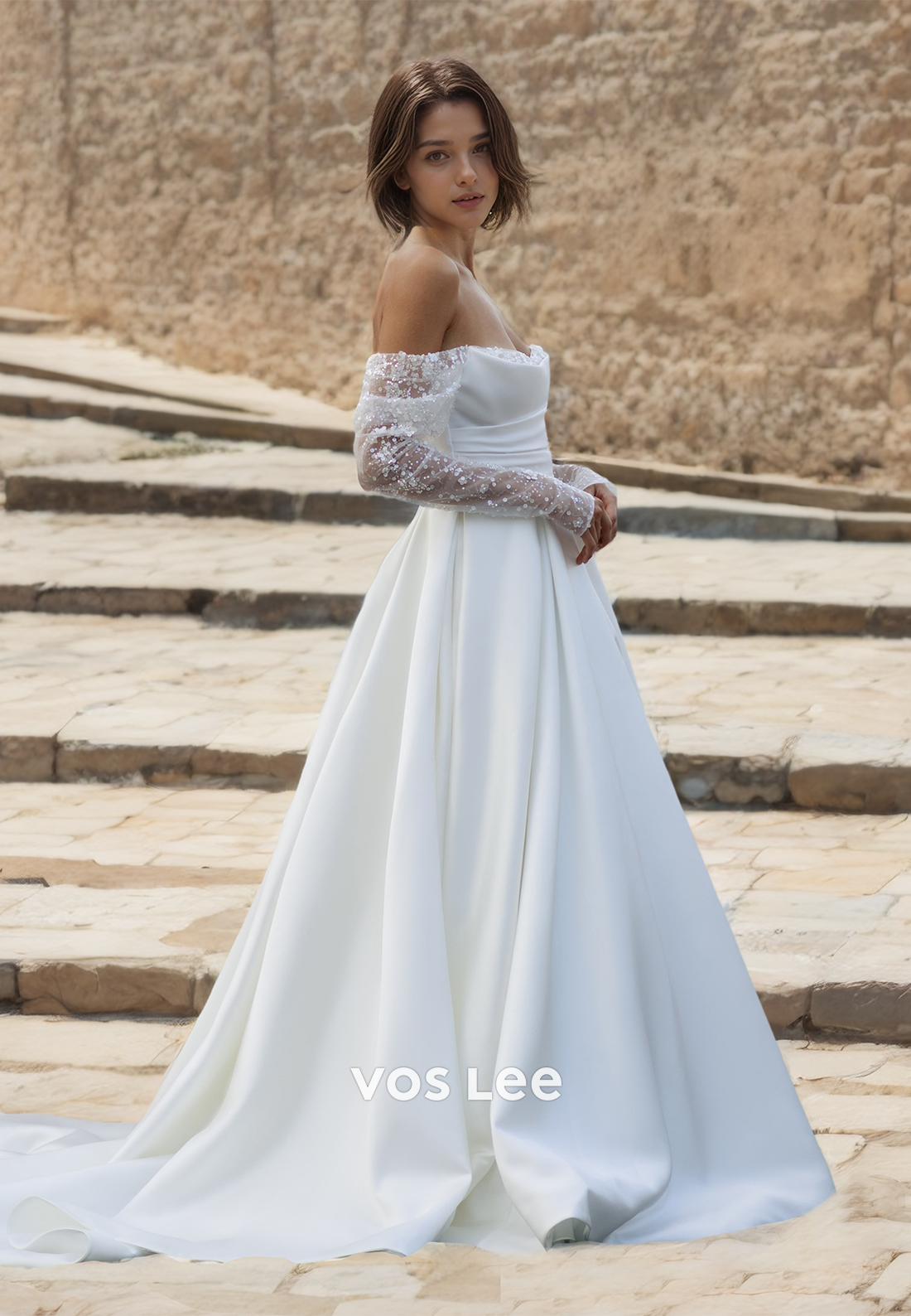 Strapless A-Line Long Sleeves Sweep Train Ruched Satin Wedding Dress with Pleated Bridal Dress