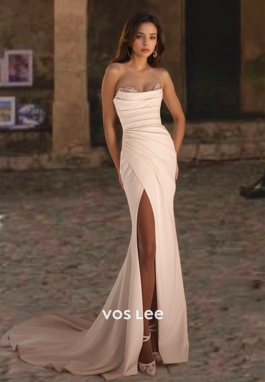 Sweetheart Sheath Sleeveless High Split Ruched Satin Wedding Dress Bridal Dress with Train