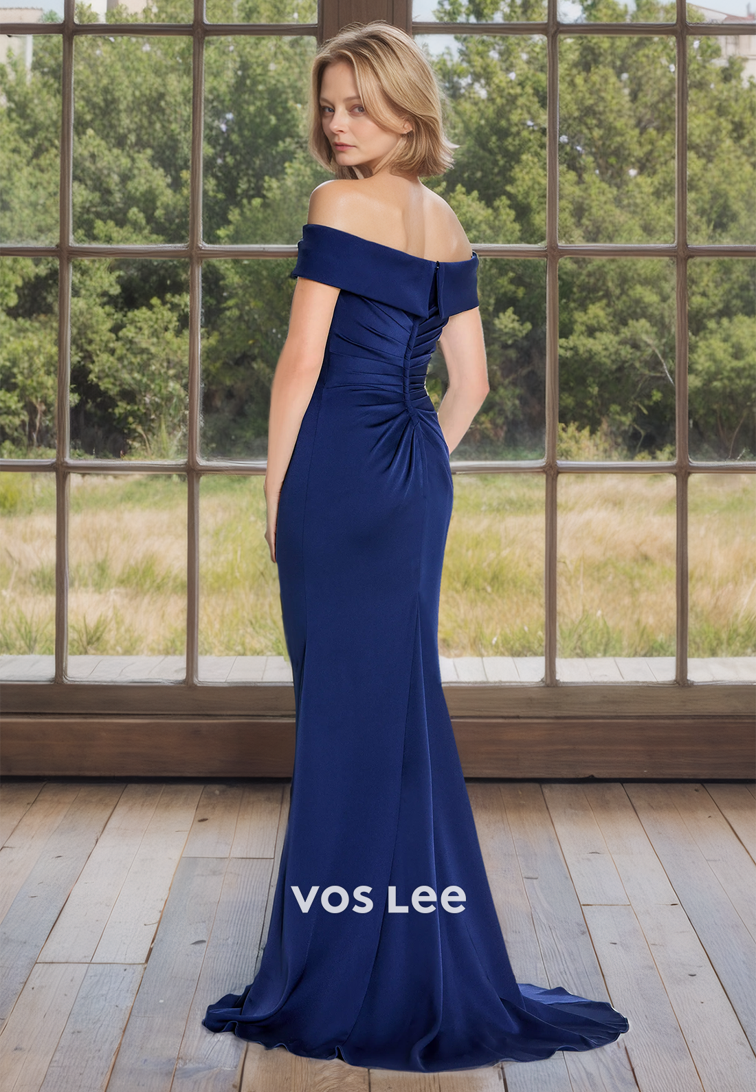 Graceful Satin Royal Blue Off-Shoulder Appliqued Pleated Mermaid Mother of the Bride Dress