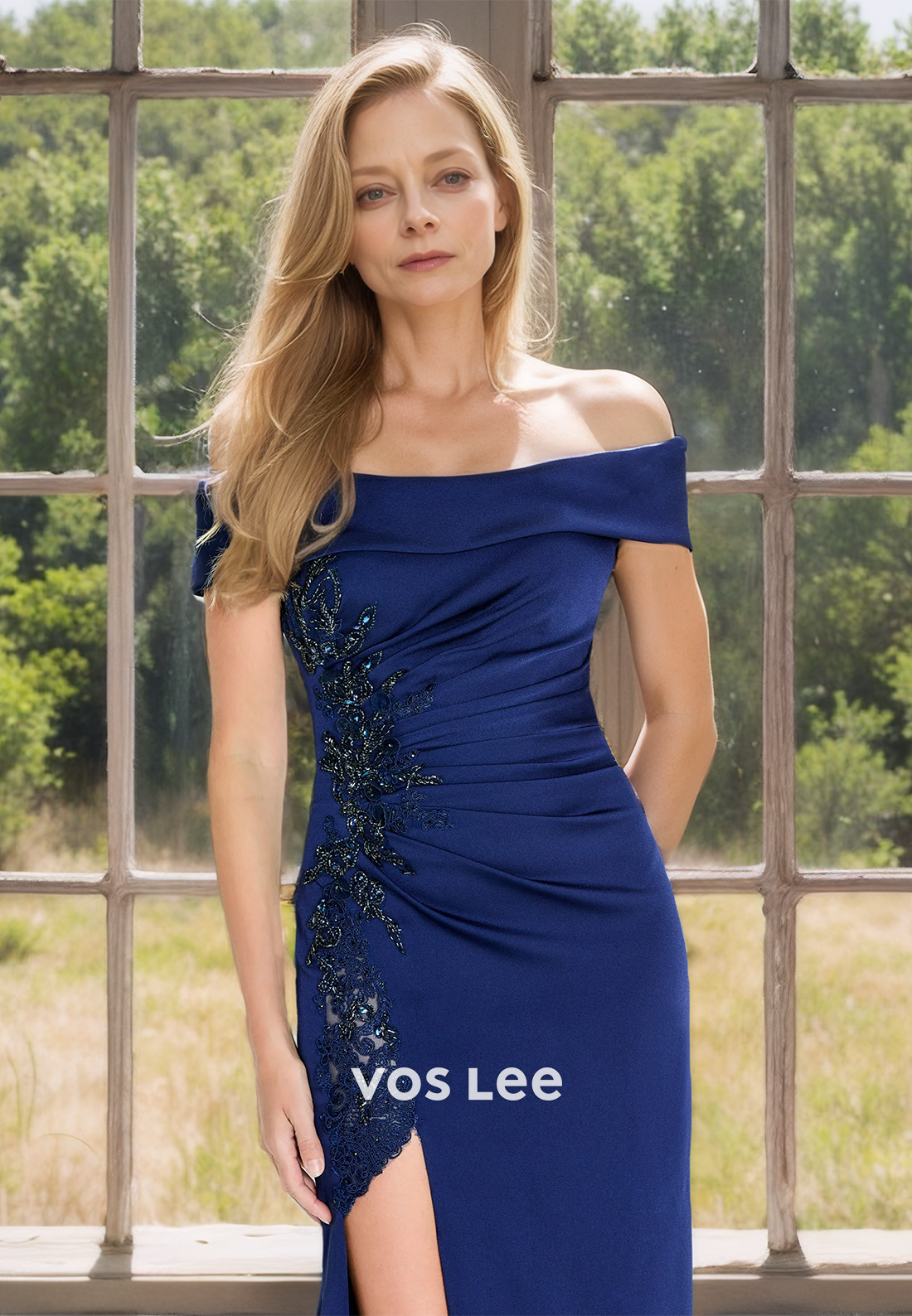 Graceful Satin Royal Blue Off-Shoulder Appliqued Pleated Mermaid Mother of the Bride Dress