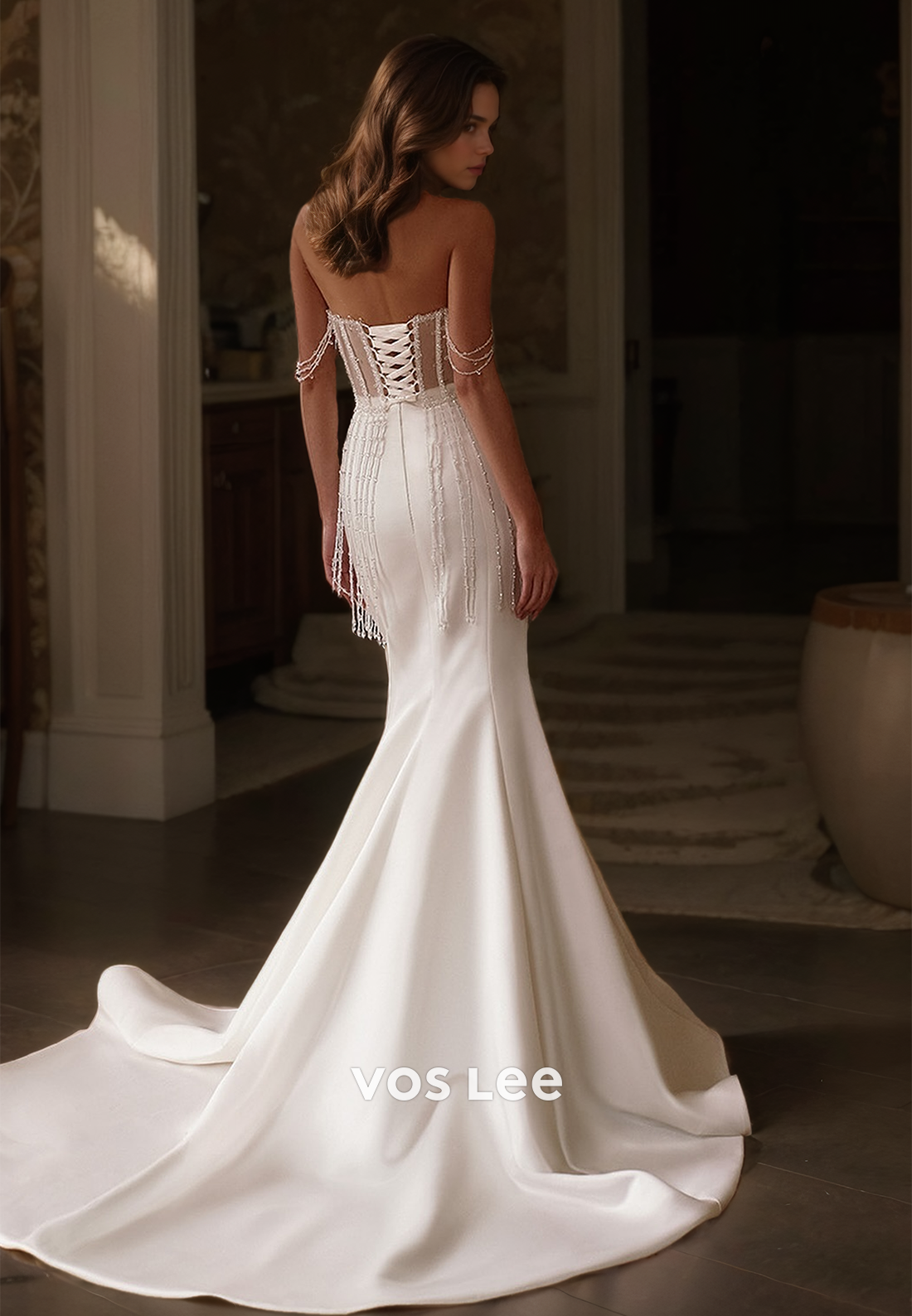 Ornate Off Shoulder Sheath Illusion Beaded Sleeveless Lace Up Court Train Satin Wedding Dress
