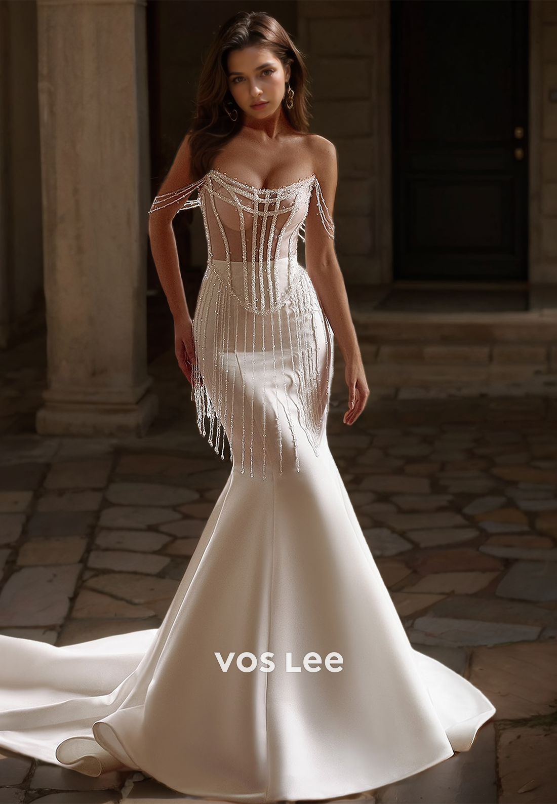 Ornate Off Shoulder Sheath Illusion Beaded Sleeveless Lace Up Court Train Satin Wedding Dress