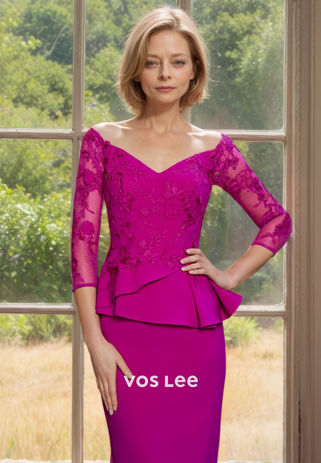 Royal Blue Off Shoulder Long Sleeves Lace Appliques Fuchsia Mother of the Bride Dress