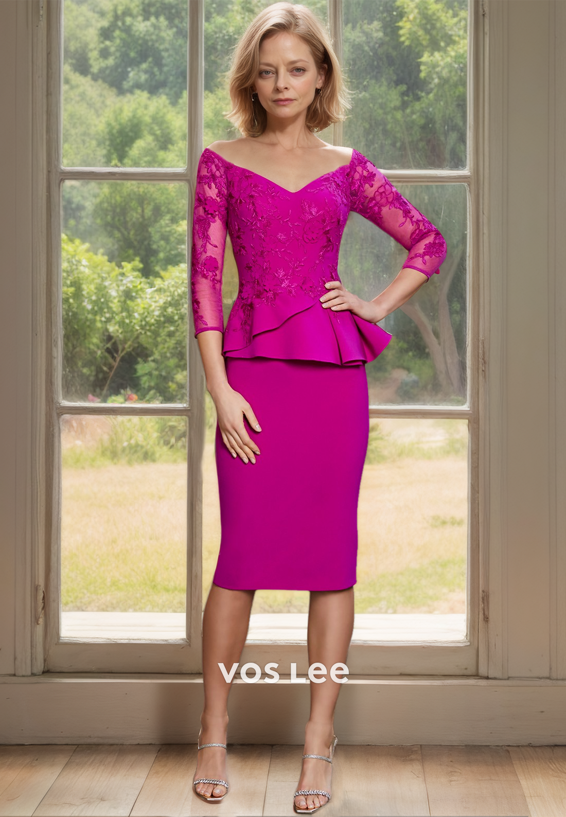 Royal Blue Off Shoulder Long Sleeves Lace Appliques Fuchsia Mother of the Bride Dress