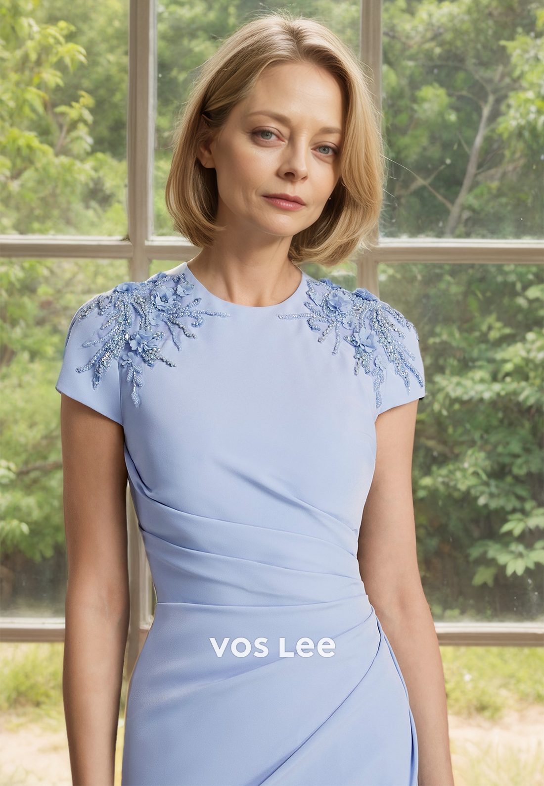 Charming Sheath Scoop Neck Short Sleeves Ruched Satin Mother of the Bride Dress