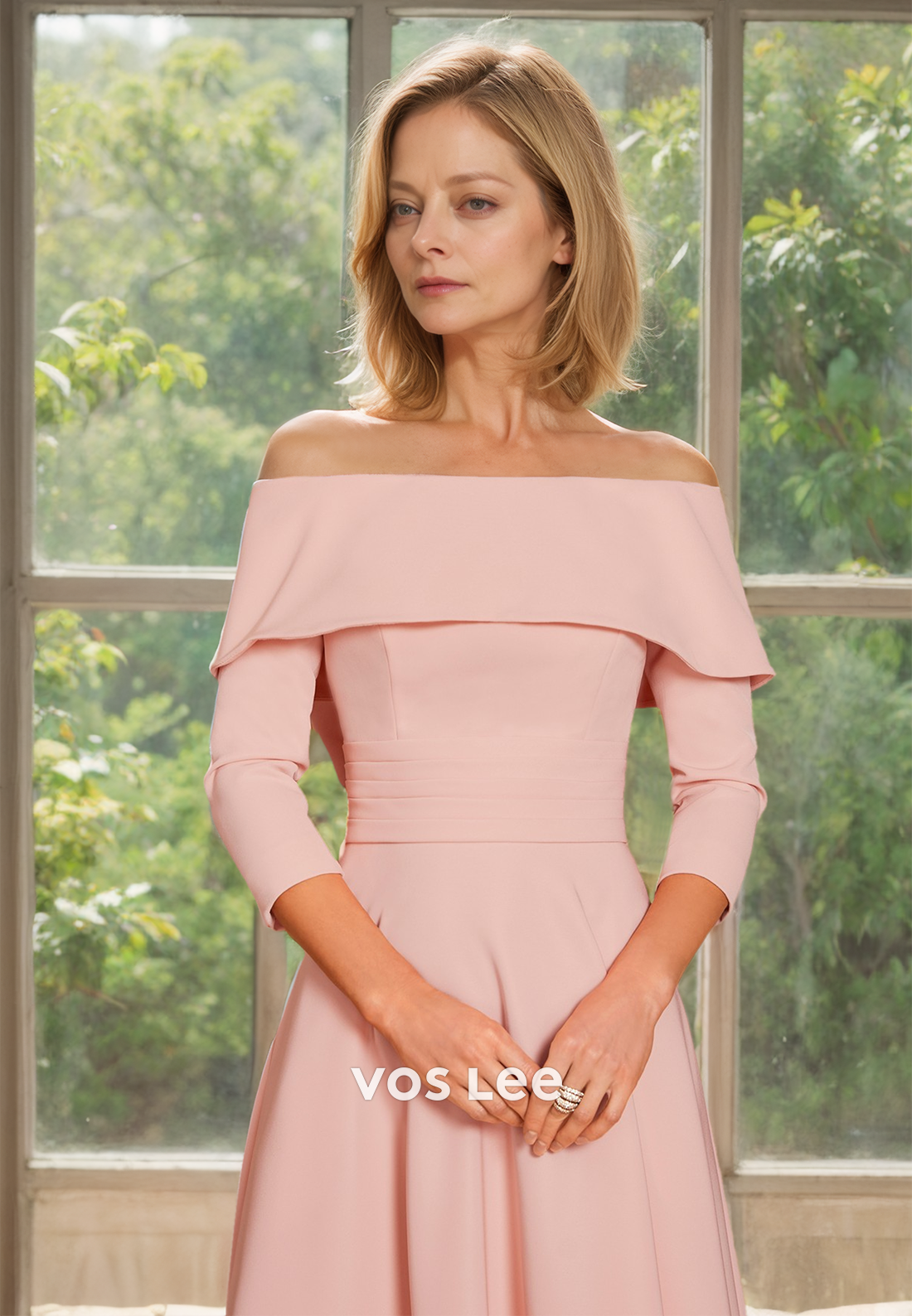 Charming A-Line Off Shoulder Long Sleeves Ruched Satin Mother of the Bride Dress