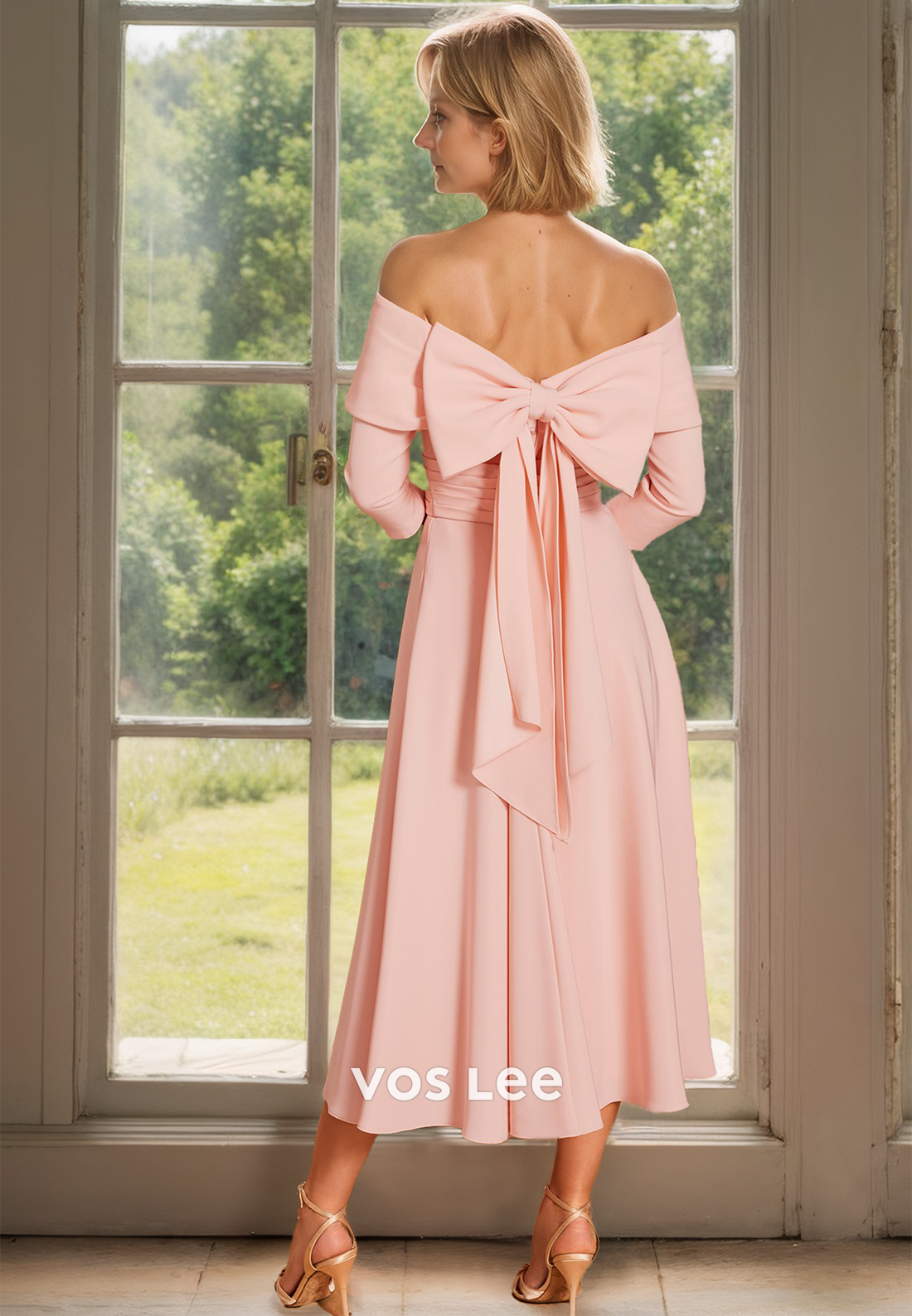 Charming A-Line Off Shoulder Long Sleeves Ruched Satin Mother of the Bride Dress