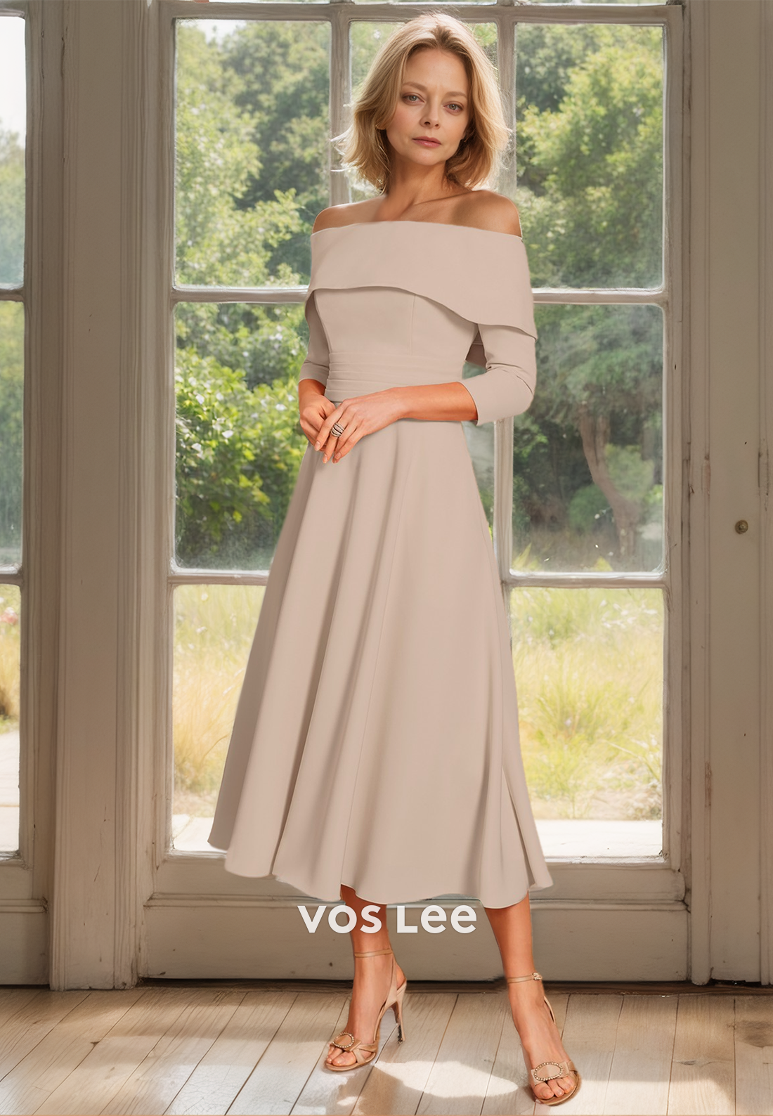 Charming A-Line Off Shoulder Long Sleeves Ruched Satin Mother of the Bride Dress