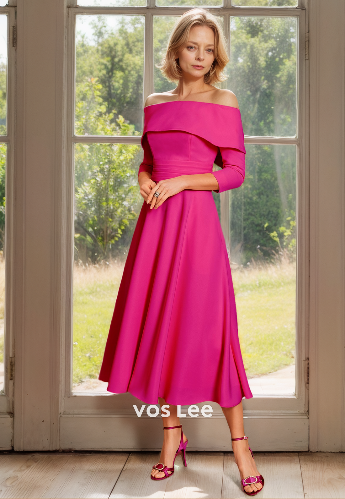 Charming A-Line Off Shoulder Long Sleeves Ruched Satin Mother of the Bride Dress