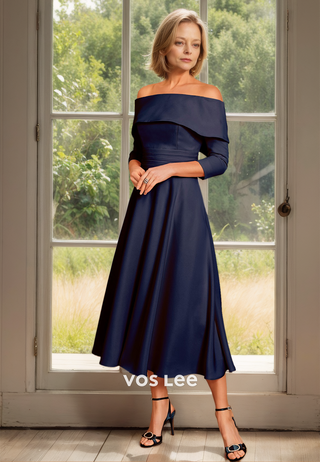 Charming A-Line Off Shoulder Long Sleeves Ruched Satin Mother of the Bride Dress