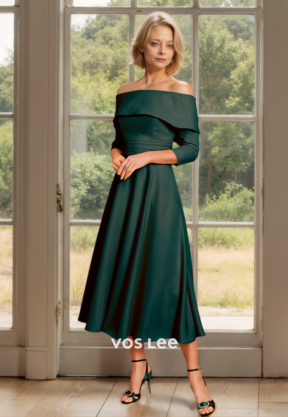 Charming A-Line Off Shoulder Long Sleeves Ruched Satin Mother of the Bride Dress