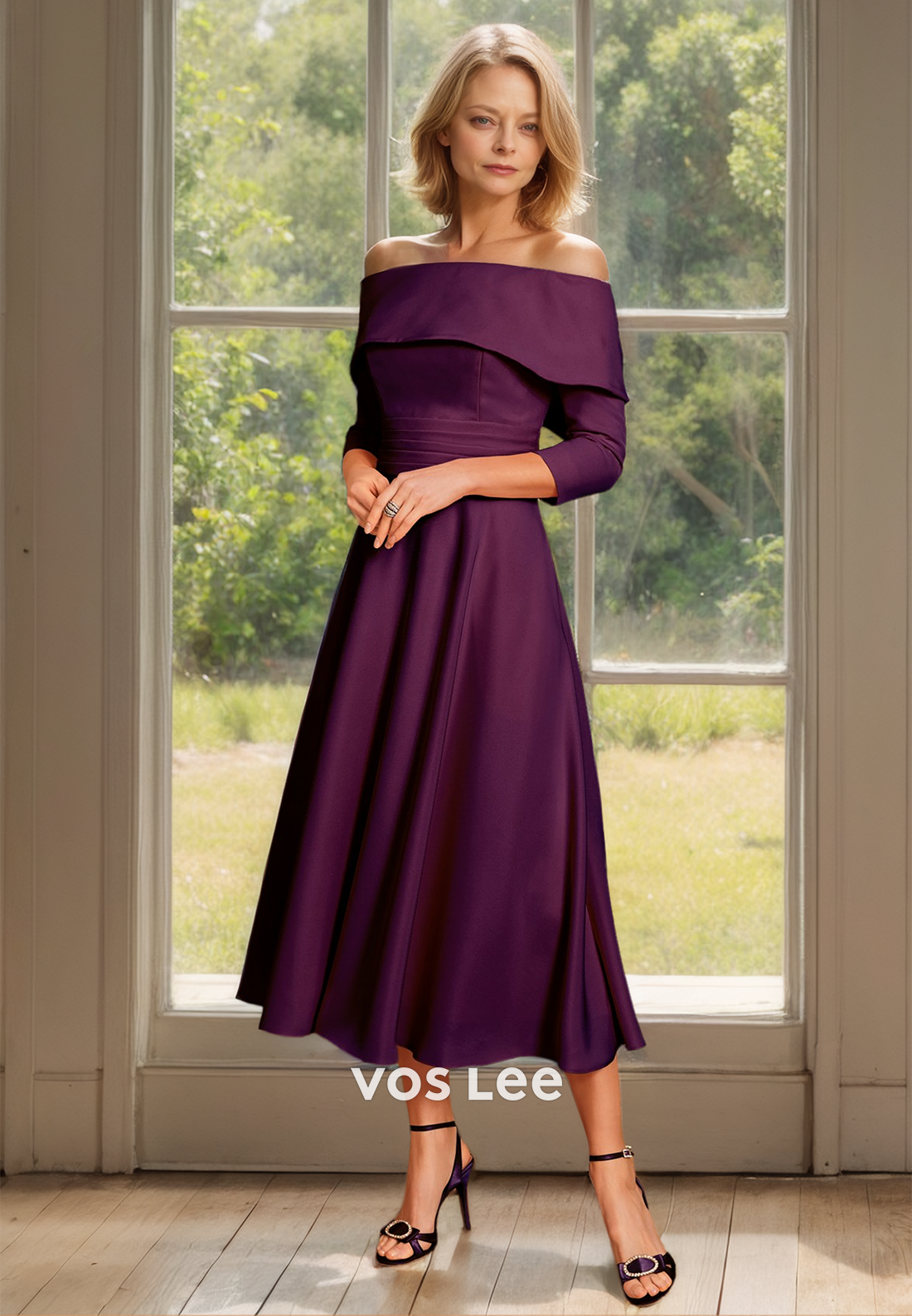 Charming A-Line Off Shoulder Long Sleeves Ruched Satin Mother of the Bride Dress