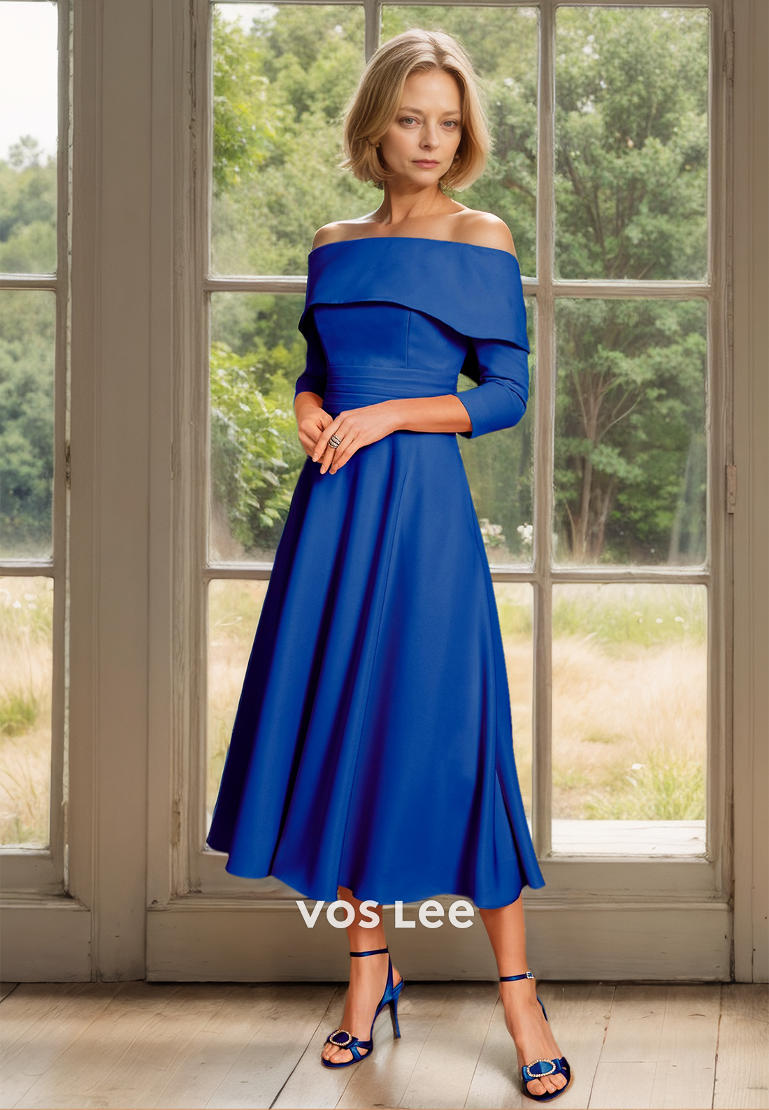Charming A-Line Off Shoulder Long Sleeves Ruched Satin Mother of the Bride Dress