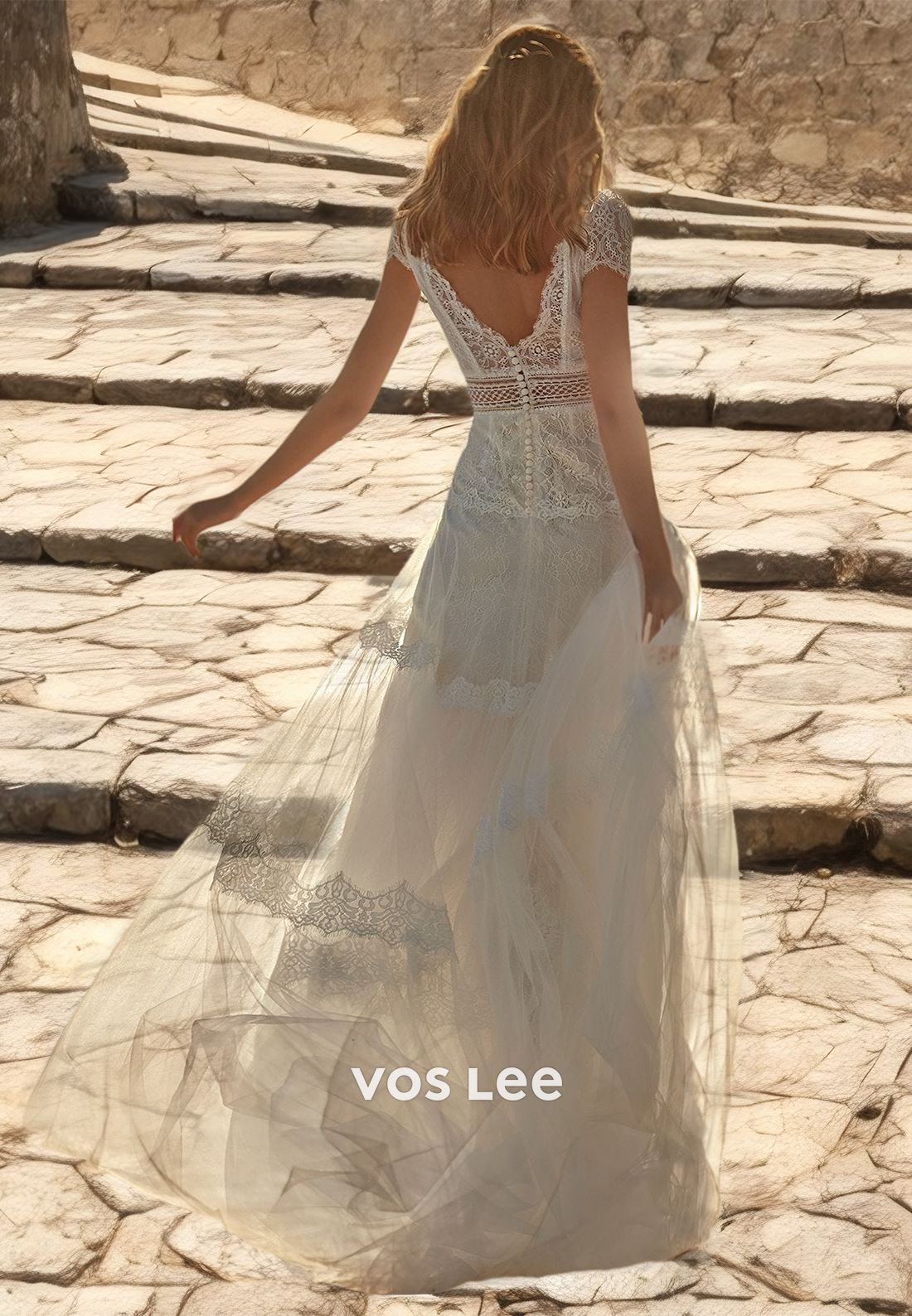 Sexy Cap Sleeves Deep V Neck Illusion Sweep Train Backless A-Line Tulle Wedding Gown