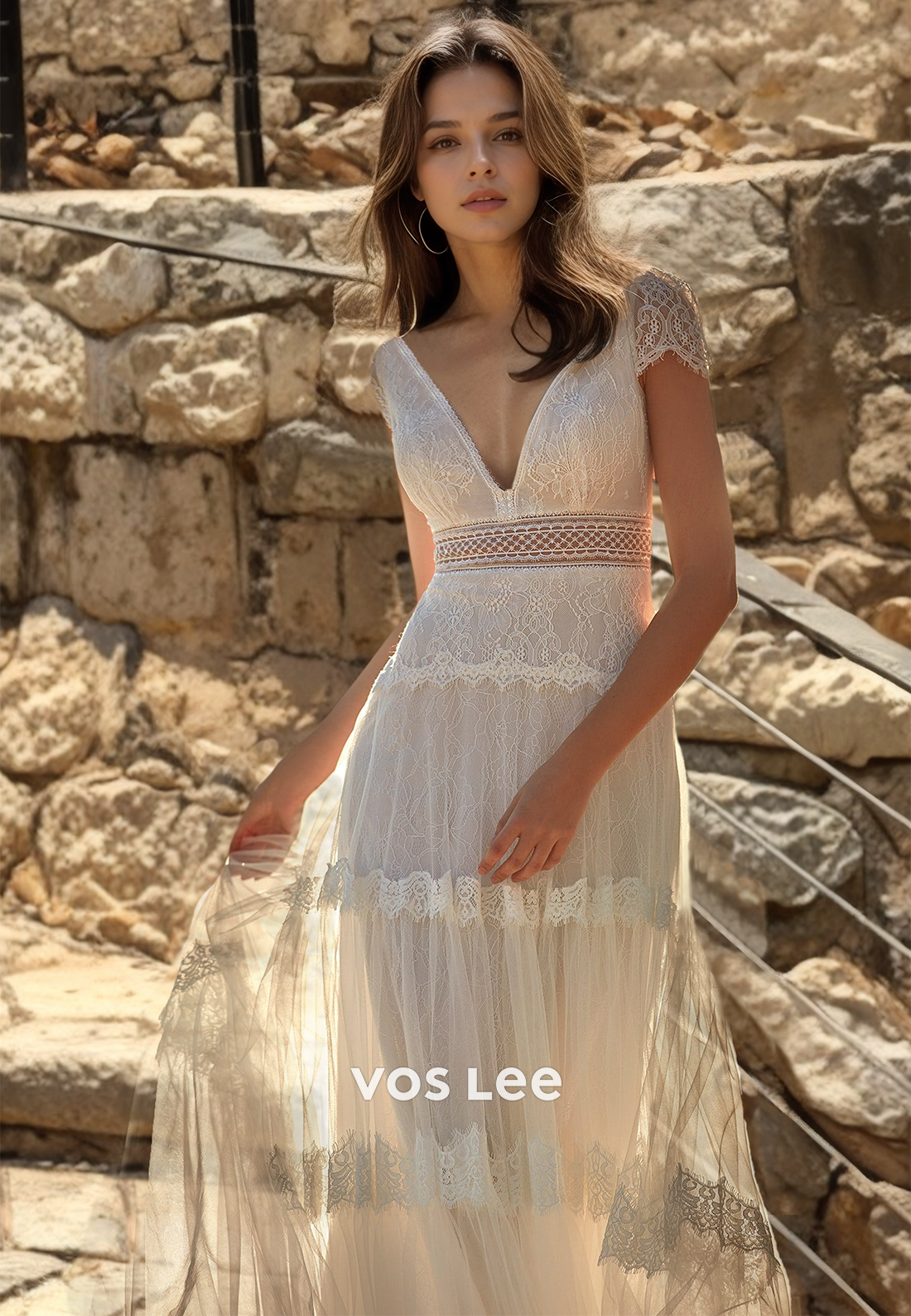 Sexy Cap Sleeves Deep V Neck Illusion Sweep Train Backless A-Line Tulle Wedding Gown