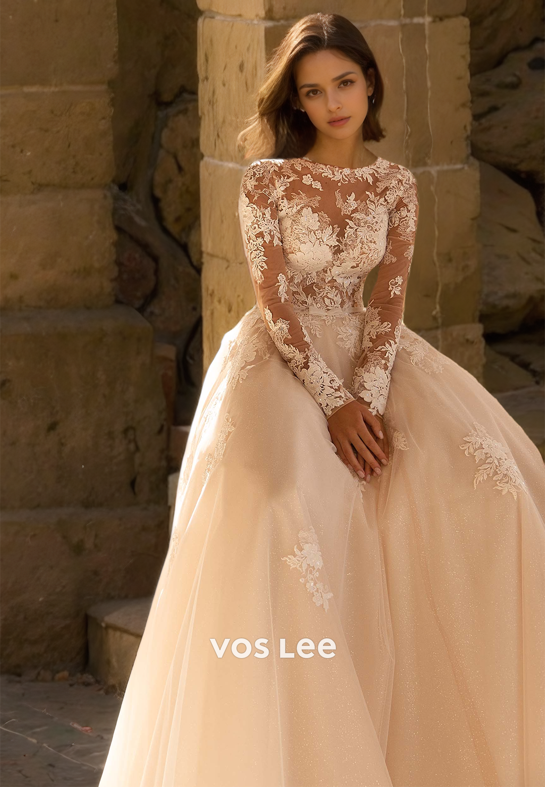 Graceful Bateau Long Sleeveless Back Zipper A-Line Pleated Sequins Tulle Sparkly Wedding Gown