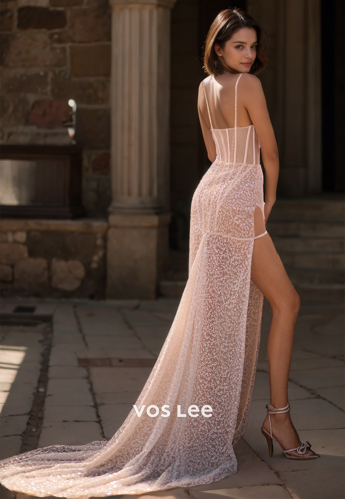 Sexy Column Spaghetti Straps Sweetheart High Split Sweep Train Sleeveless Tulle Sparkly Wedding Dress