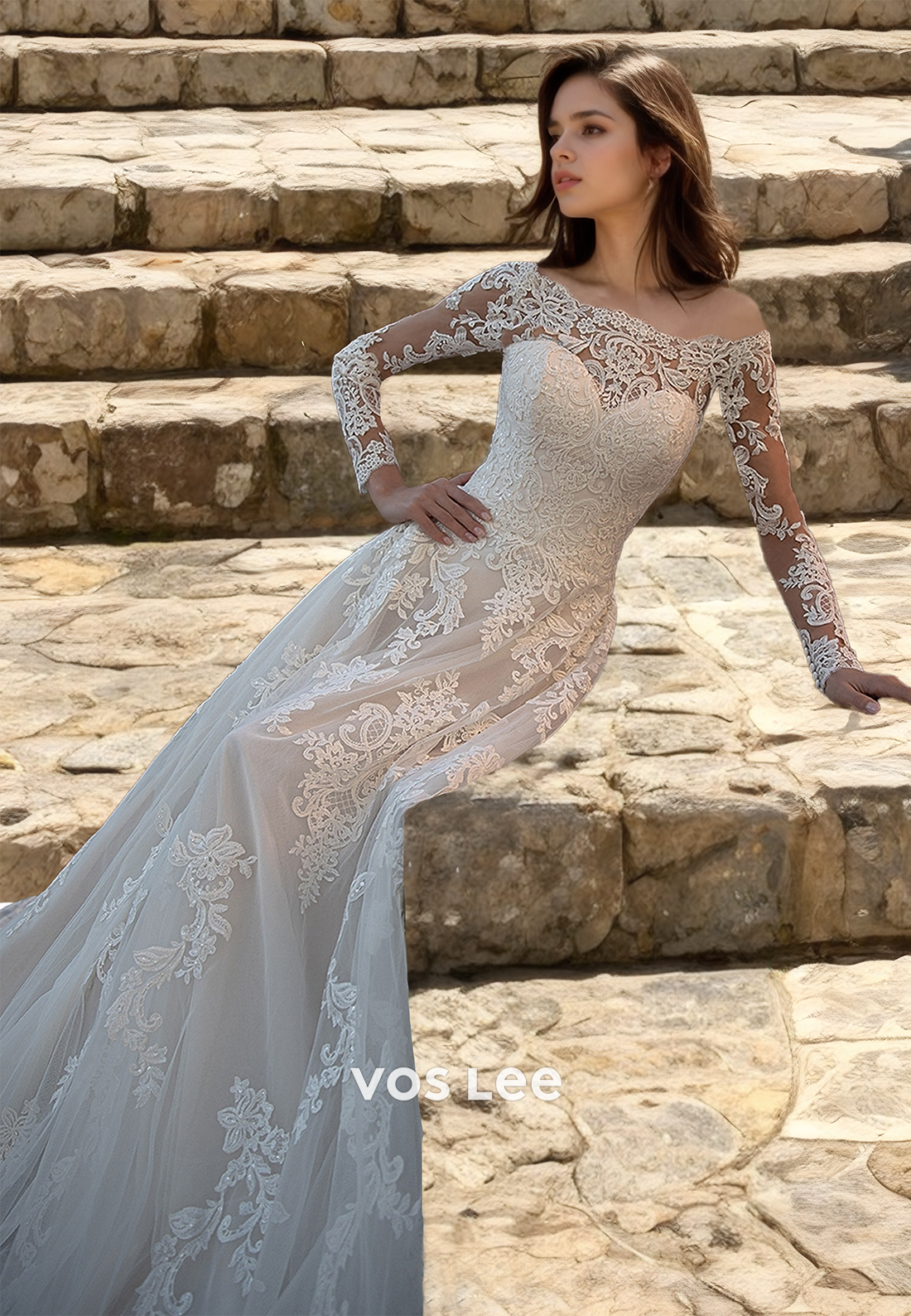 Luxury A-Line Long Sleeves Bateau Lace Appliques Draped Court Train Tulle Wedding Bride Gown