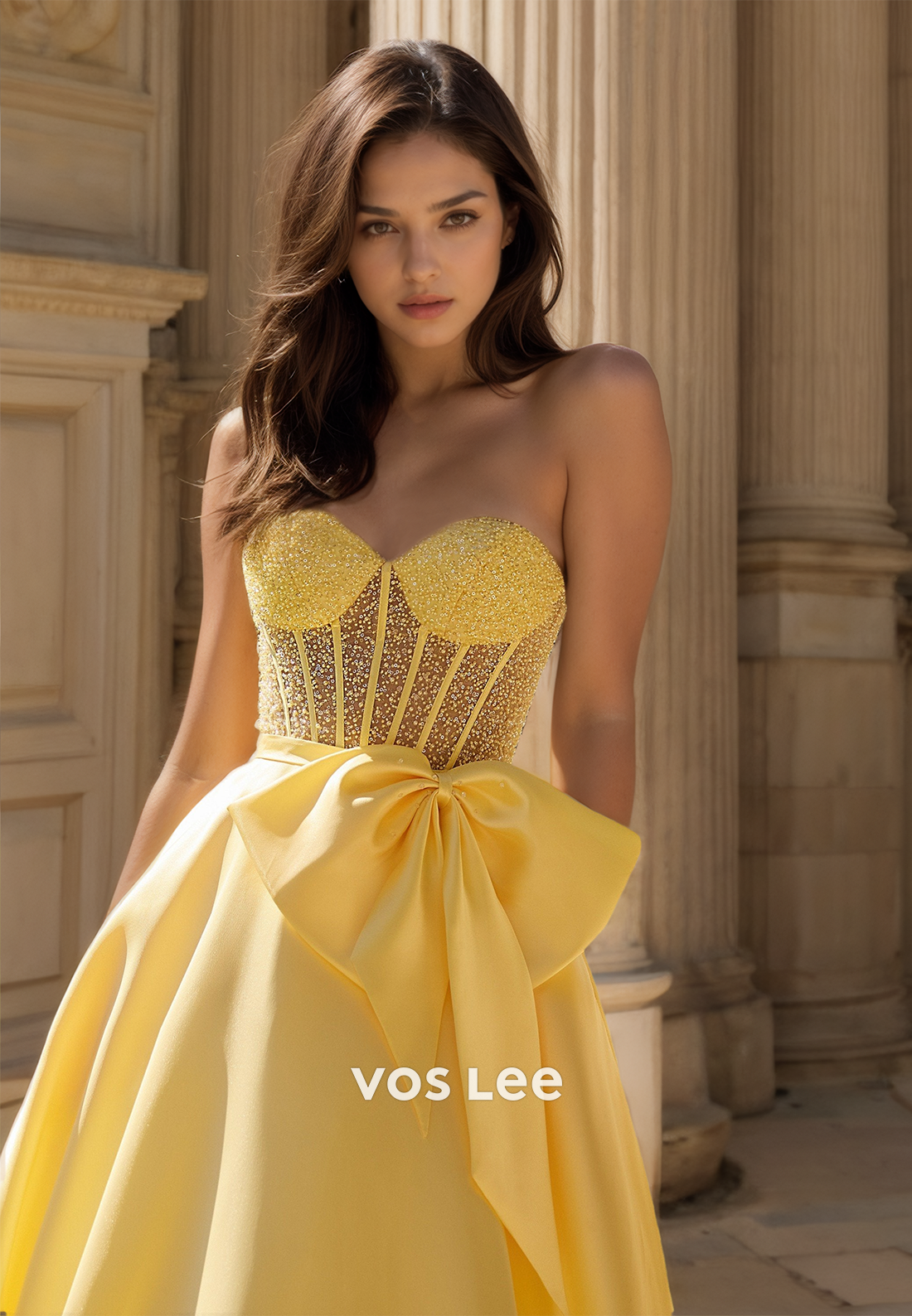 Luxury A-Line Sweetheart Sleeveless Sweep Train Pleated Sequins Bow Prom Birthday Dress