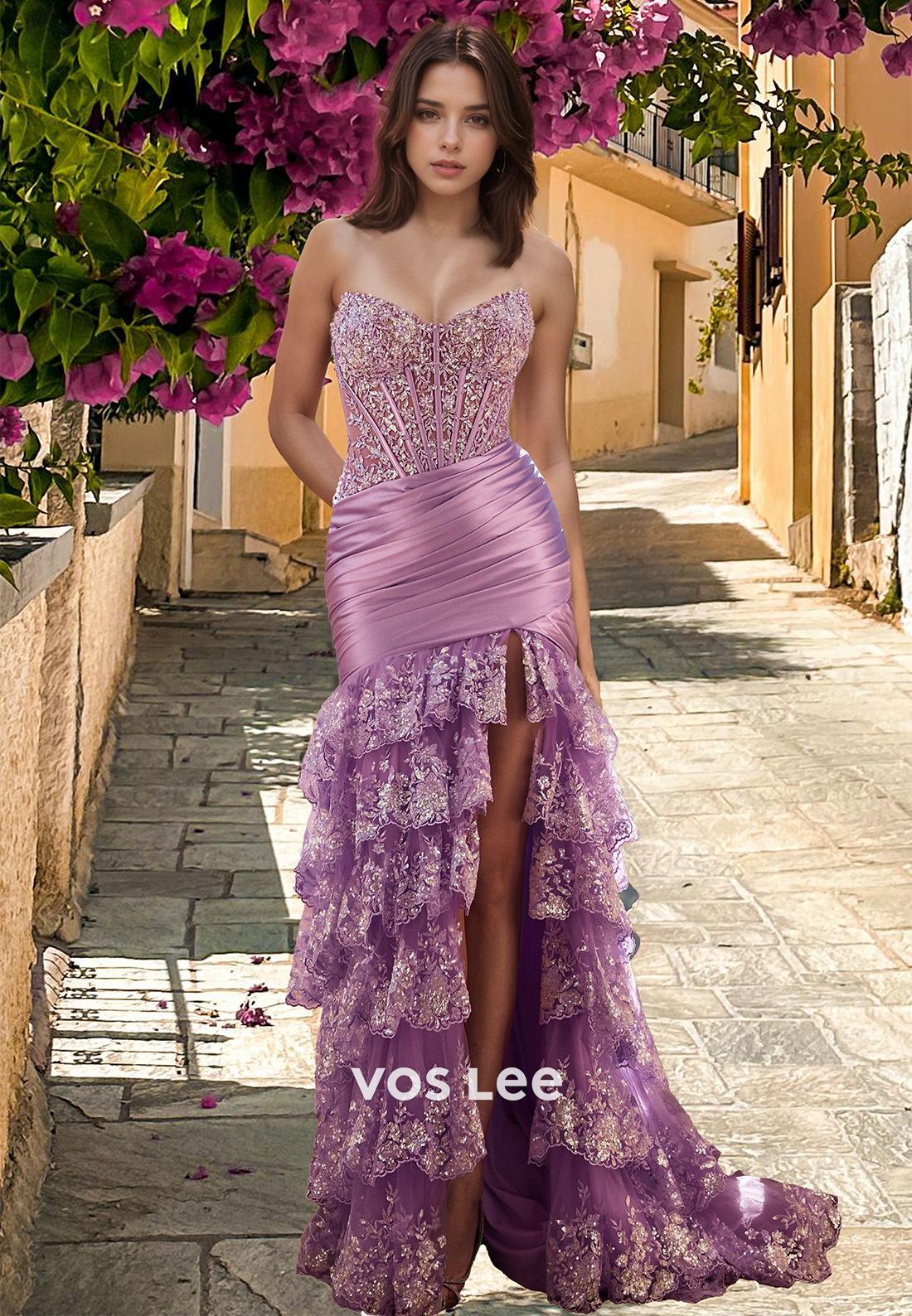 Purple Column Strapless Back Zipper Side Split Tiered Tulle Glitter Prom Evening Dress