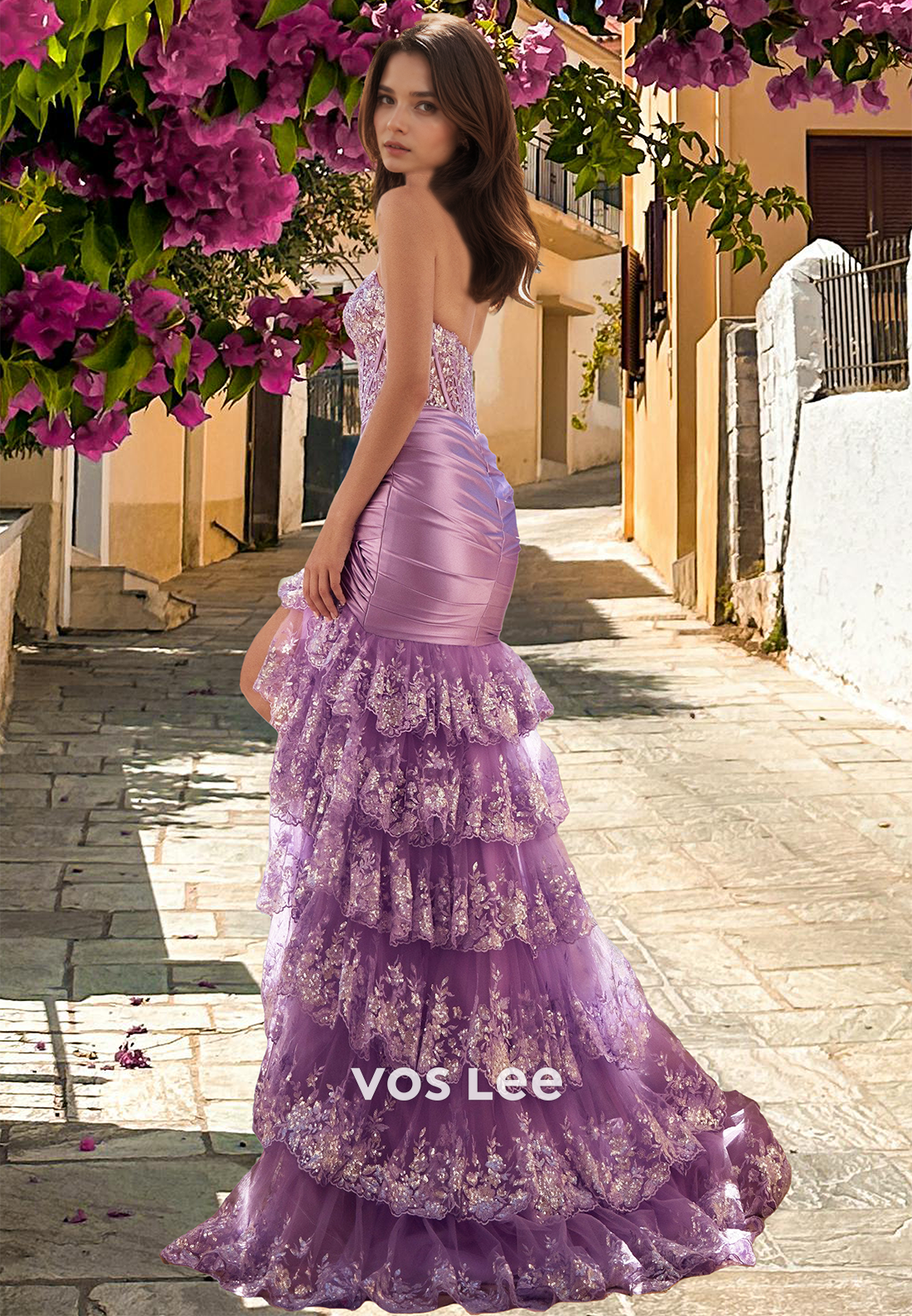 Purple Column Strapless Back Zipper Side Split Tiered Tulle Glitter Prom Evening Dress