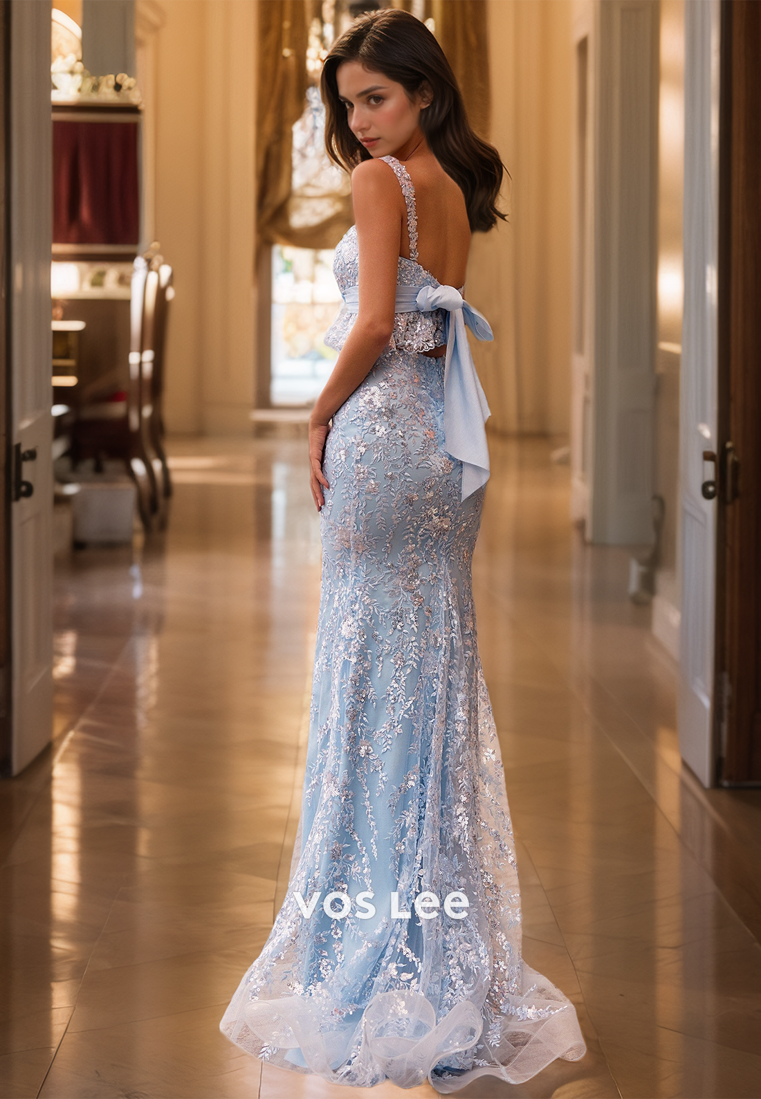 Luxury Sheath V Neck Spaghetti Straps Sequins Beaded Sweep Train Prom Graduation Dress