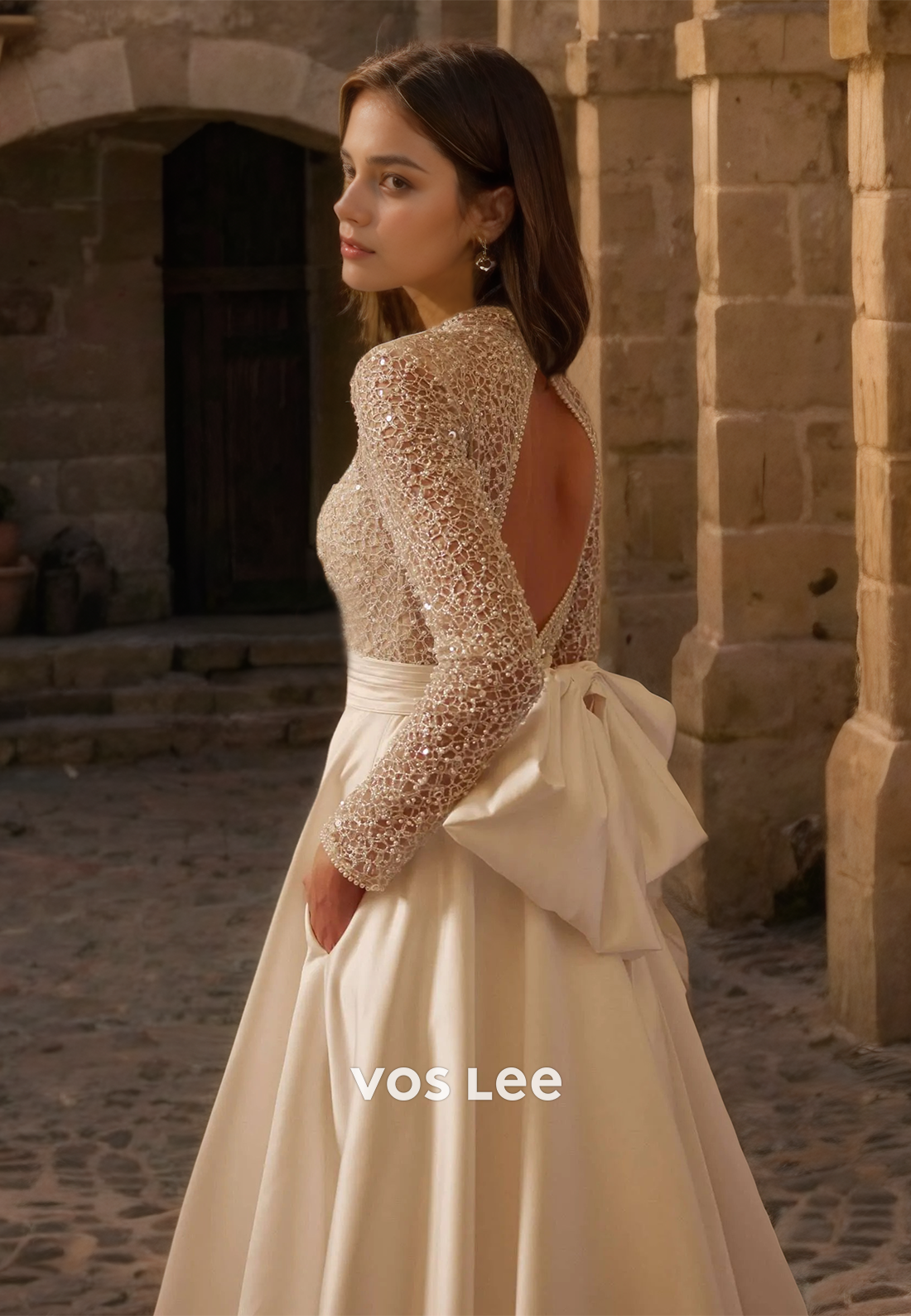 Sparkly A-Line High Neck Backless Long Sleeves Sequins Pleated Wedding Gown