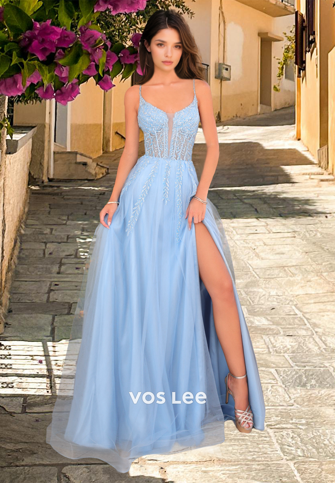 Unique A-Line Scoop Neck Spaghetti Straps Lace Up Appliques Tulle Prom Party Dress with Split
