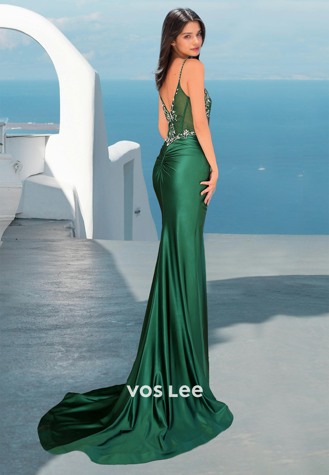 Graceful Column V Neck Beaded Back Zipper Sweep Train Satin Prom Evening Dress with Split