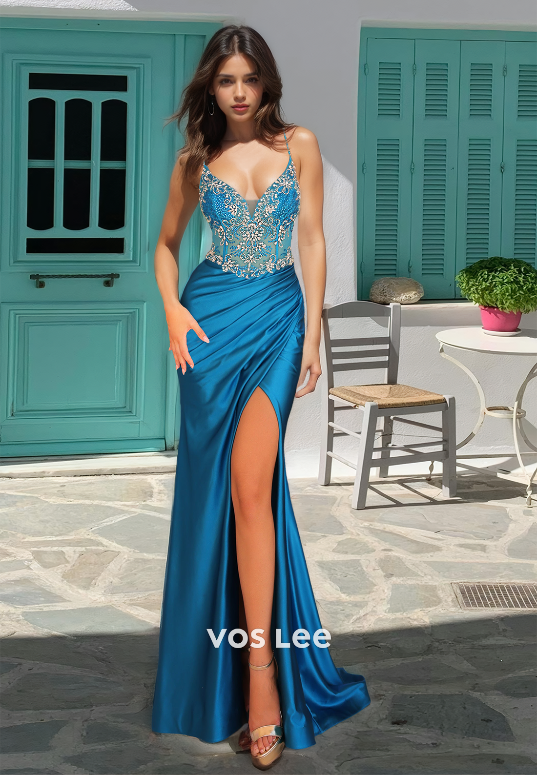 Graceful Column V Neck Beaded Back Zipper Sweep Train Satin Prom Evening Dress with Split
