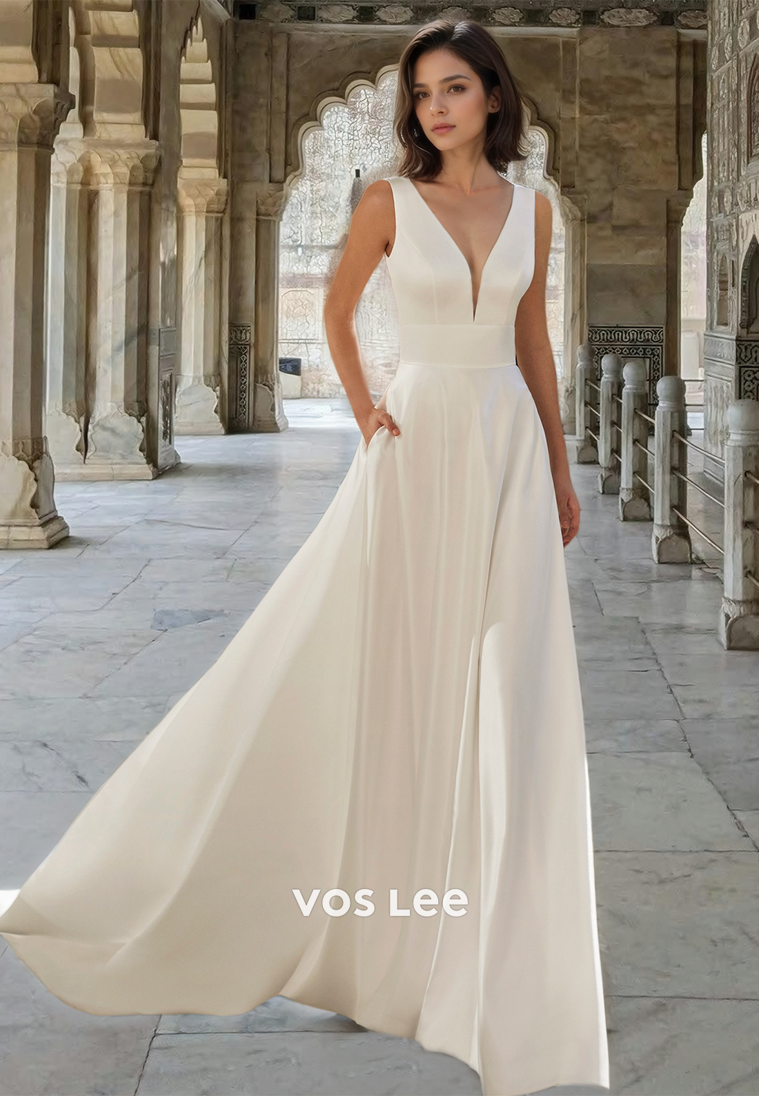 Casual A-Line V-Neck Straps Sleeveless Satin Pleats Wedding Dress with Train Bridal Dress