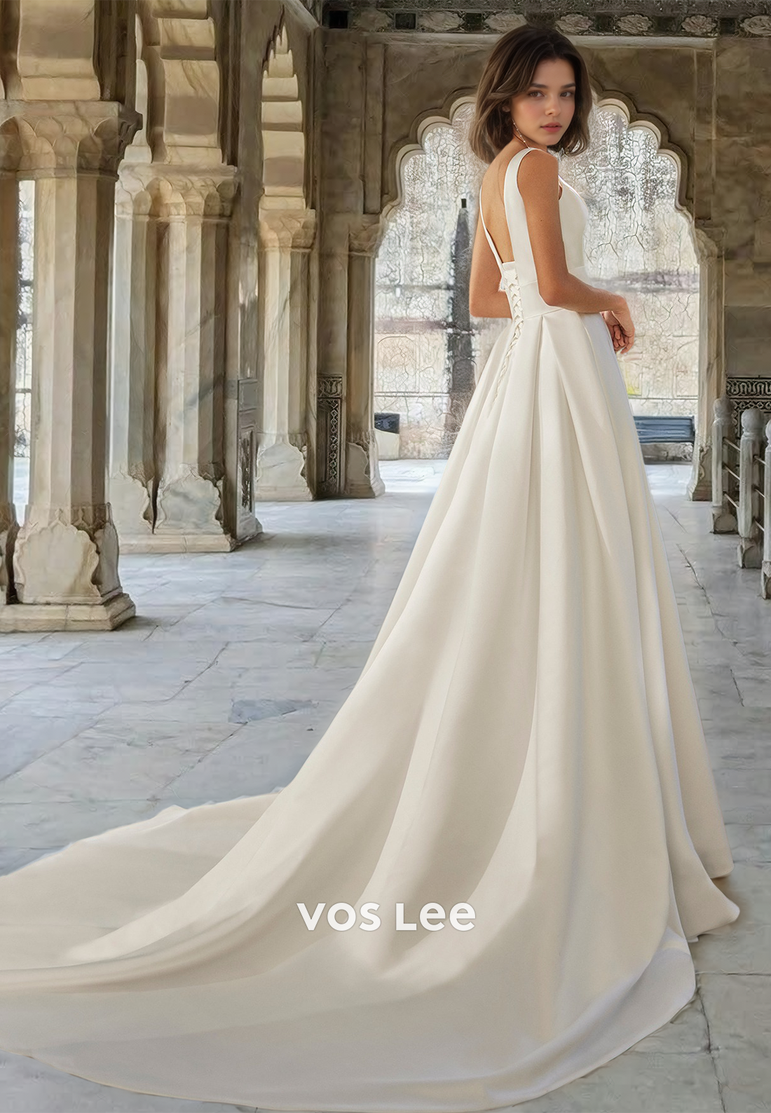 Casual A-Line V-Neck Straps Sleeveless Satin Pleats Wedding Dress with Train Bridal Dress