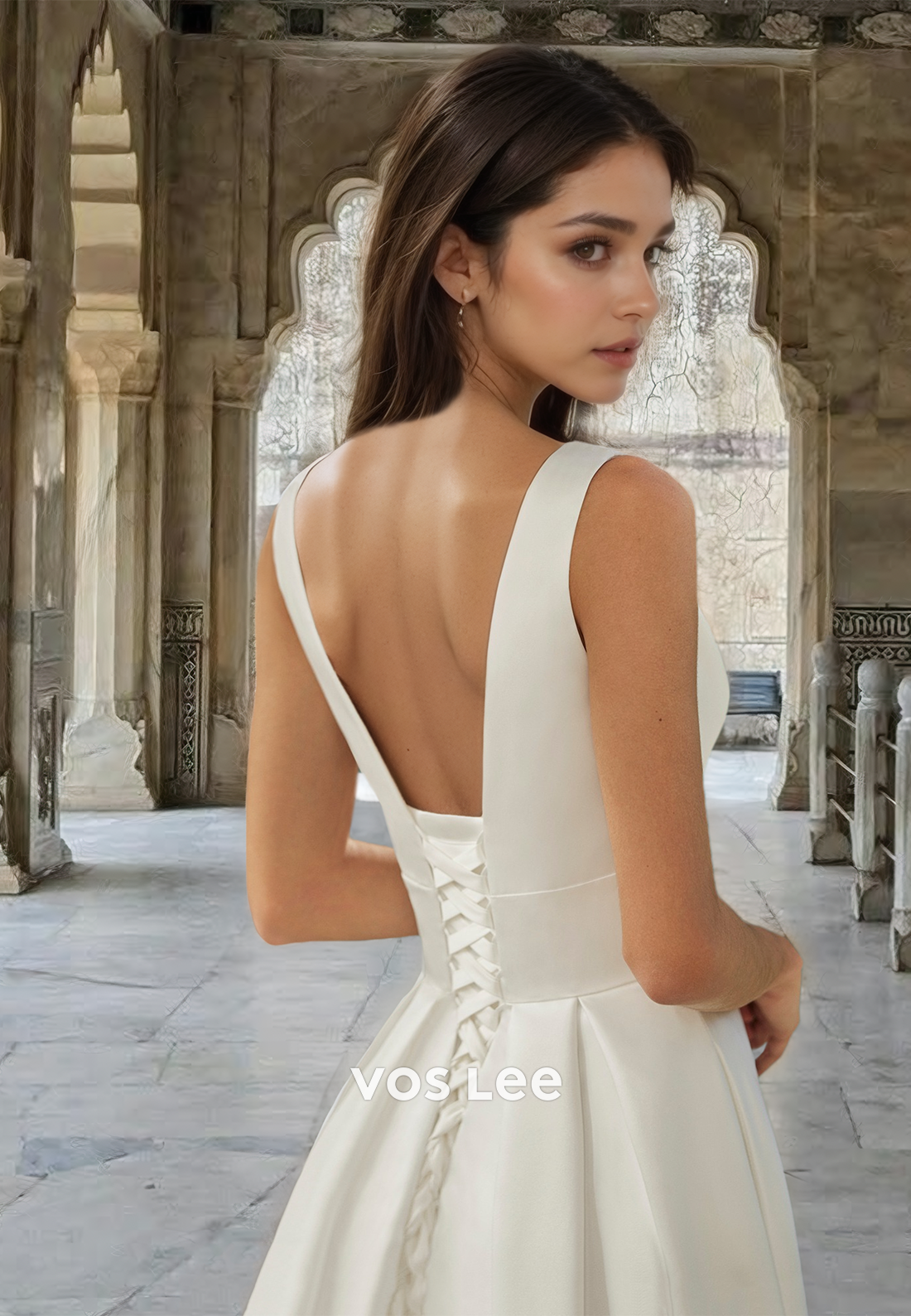 Casual A-Line V-Neck Straps Sleeveless Satin Pleats Wedding Dress with Train Bridal Dress