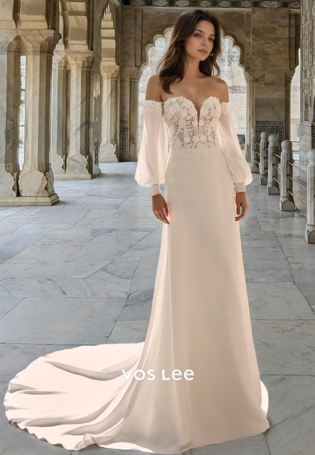 Distinctive Sweetheart Long Sleeves Sheath Sweep Train Wedding Dress with Applique