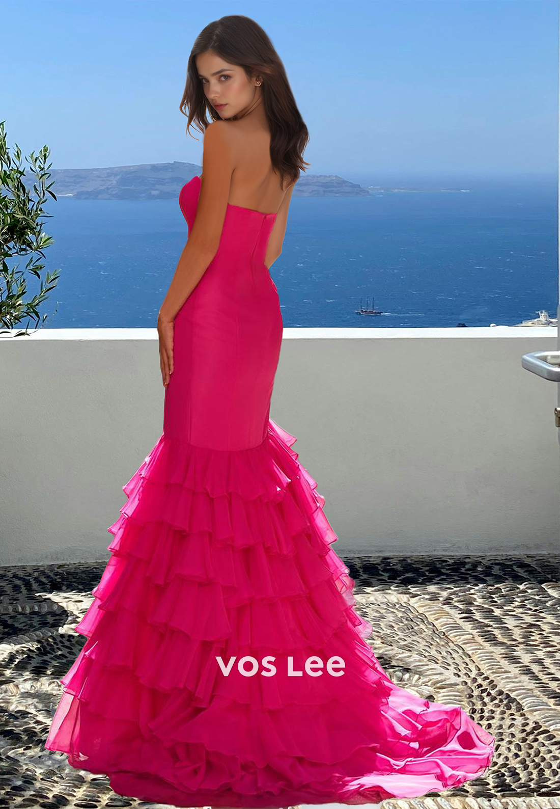 Chic Tube Top Sleeveless Mermaid Side Slit Train Lace Prom Dress Formal Dress