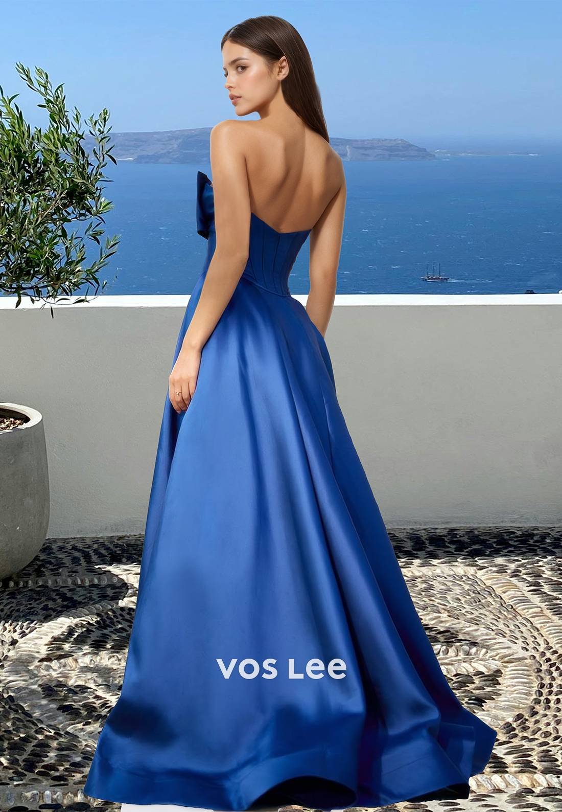 Royal Blue Sweetheart Bow A-Line Pleated Sweep Train Satin Prom Graduation Dress